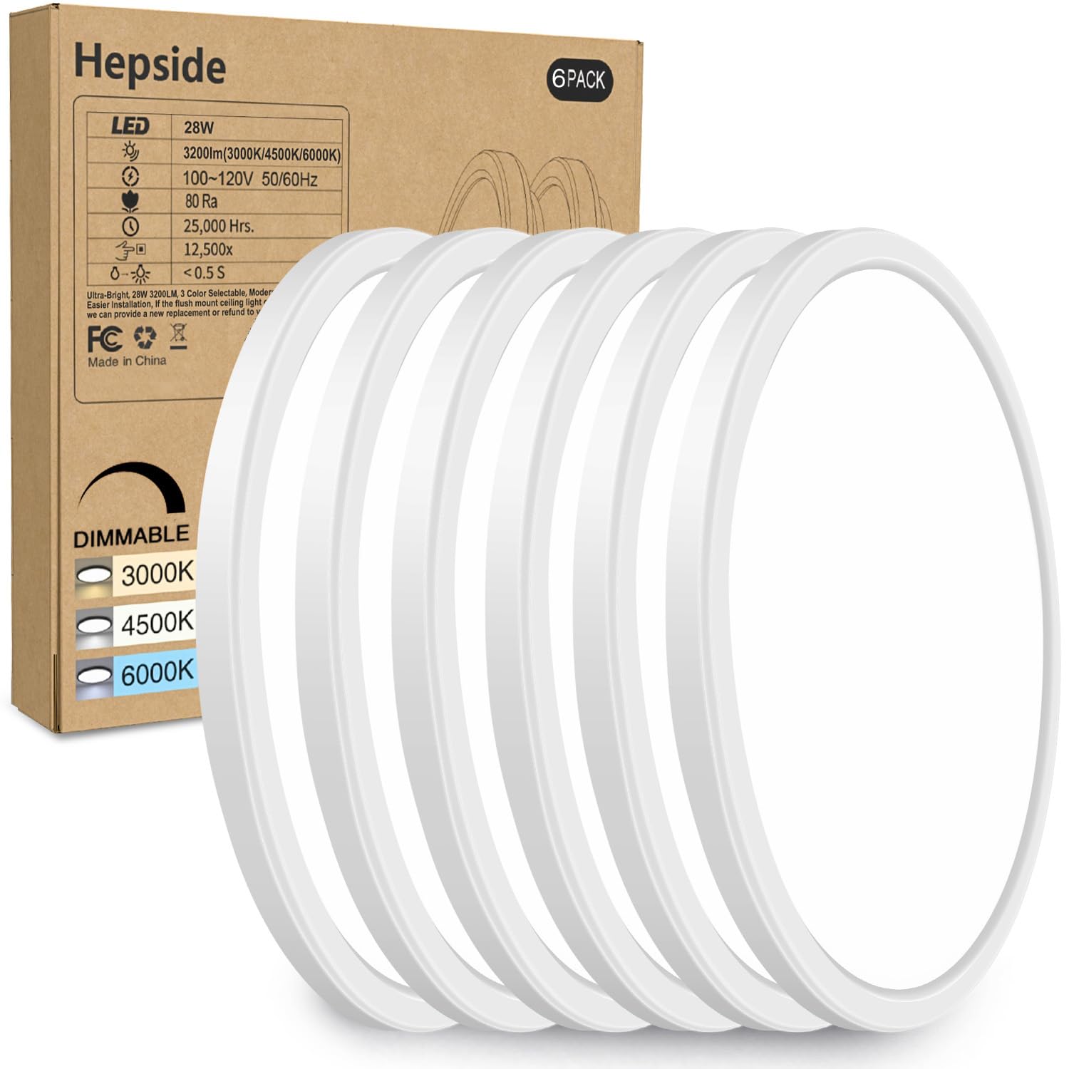 6PACK Flush Mount LED Ceiling Light Fixture White, 12Inch 28Watt, Dimmable & 3000K-4500K-6000K 3 Color Selectable Ceiling Lamp 3