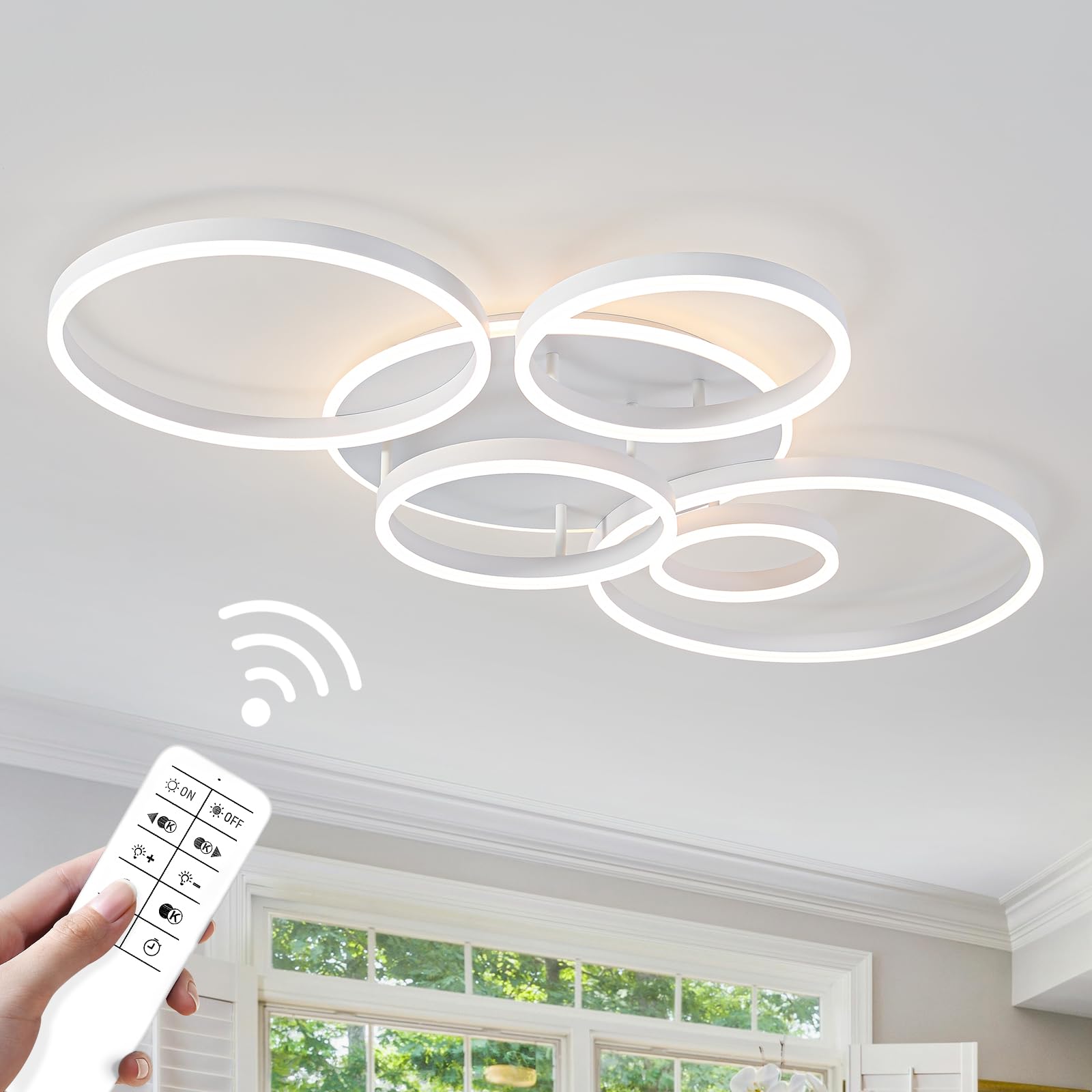 ONeeldy Modern Led Ceiling Light White Flush Mount Ceiling Lights Fixtures Dimmable 47 Dining Room Light Fixture With Remote 6 Rings Kitchen Lighting Fixtures Ceiling Lamp For Bedroom Living Room