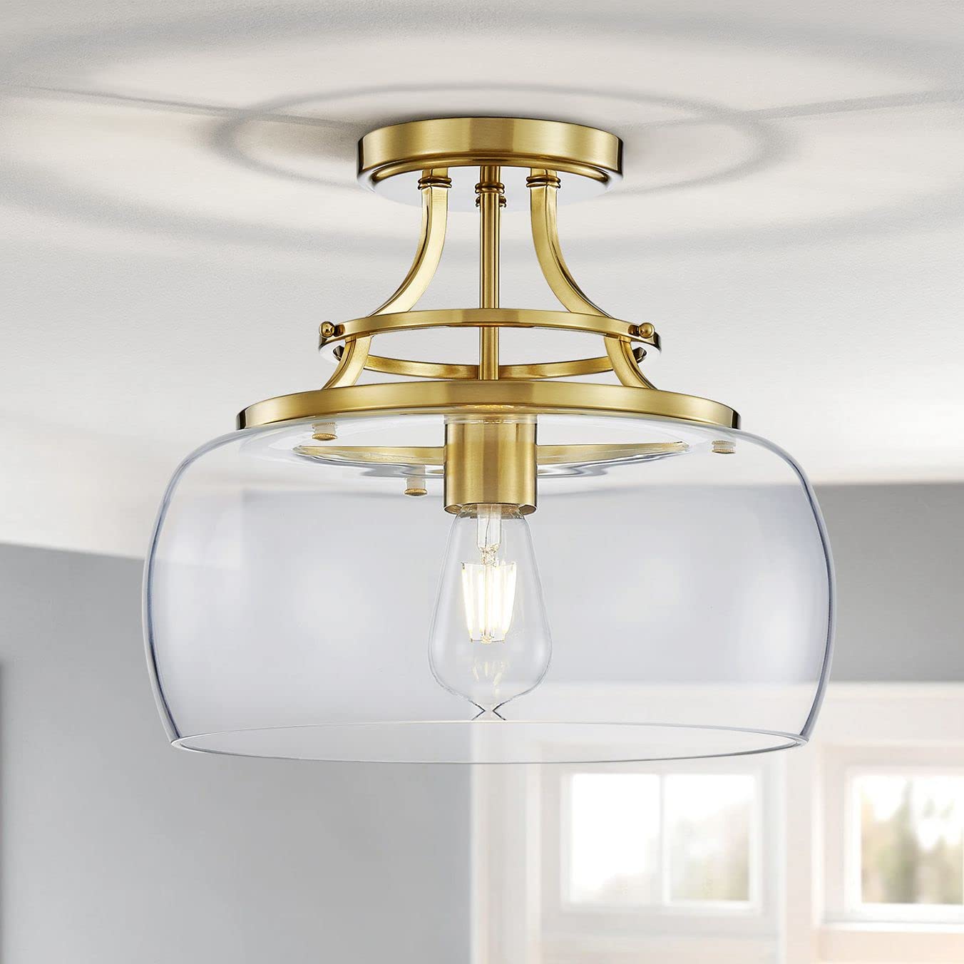 Wuzups Rustic Industrial Round Ceiling Light Fixture, Brushed Gold, Clear Glass Shades, 11.8&quot; H