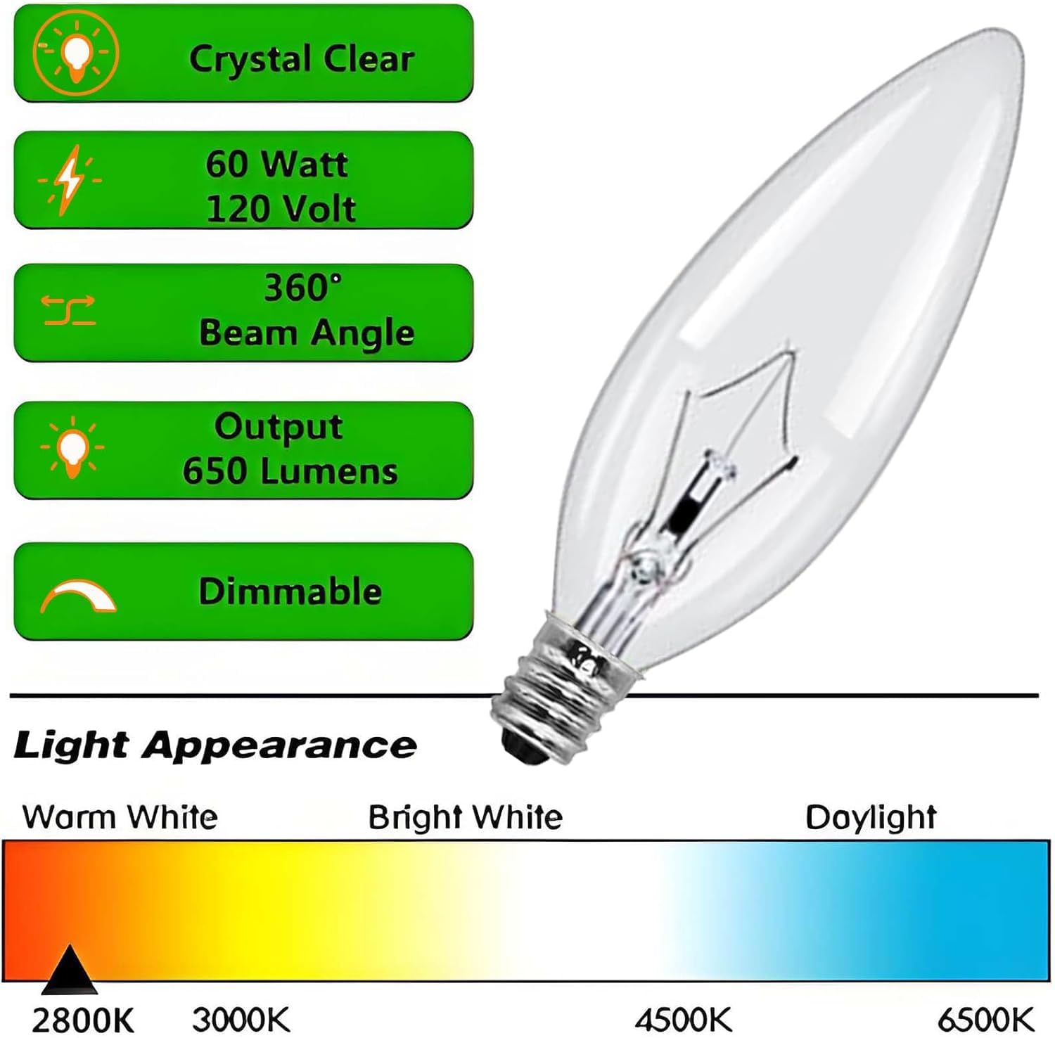 Seigun C32 Flame Shaped Clear Incandescent Chandelier Light Bulbs, Dimmable, Warm White, 60W, E12 Base, 12-Pack