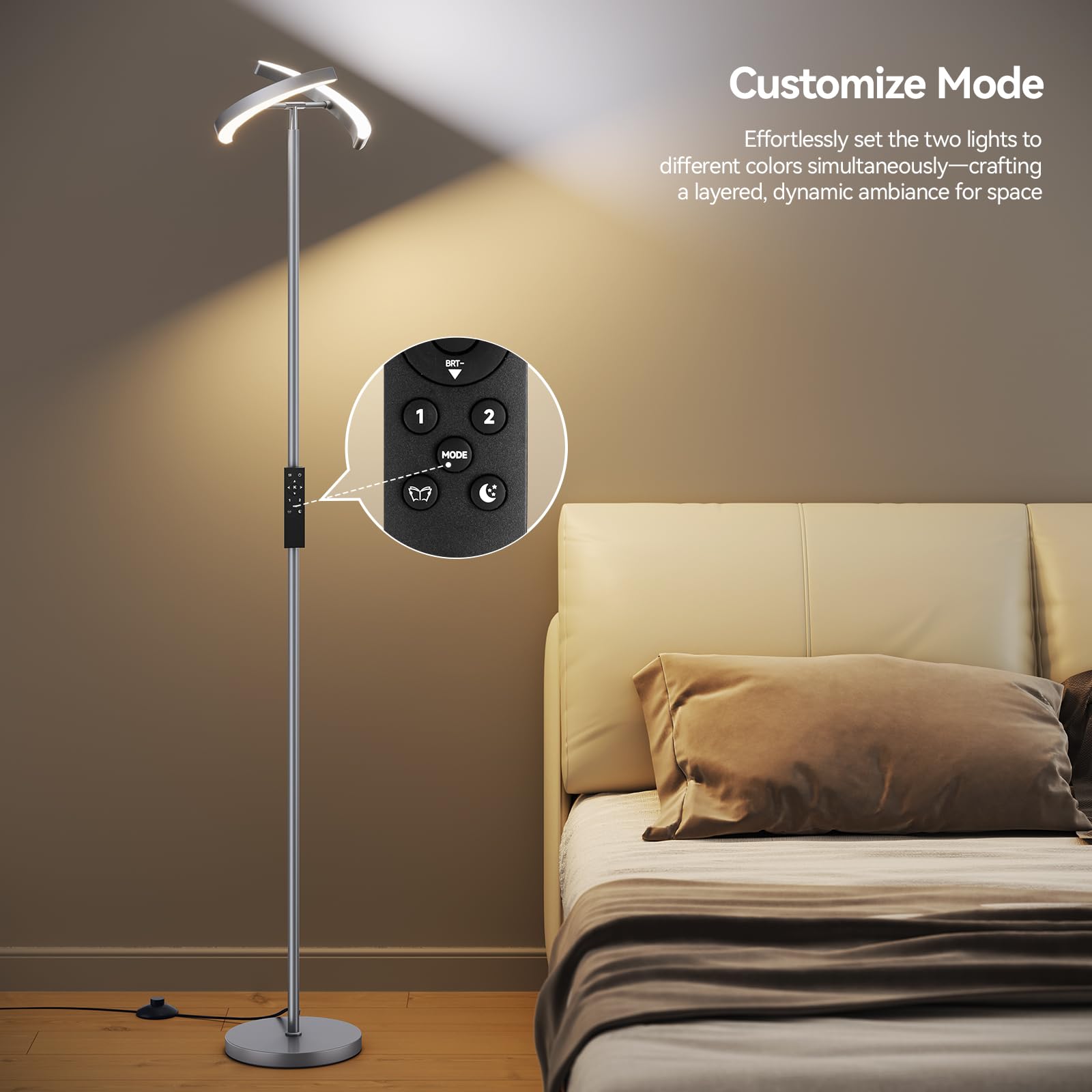 SUNMORY LED Floor Lamp, 28W Bright Standing Lamp, 74" Tall, Gray, with 2 Rotatable Lights & Remote, Modern Reading Corner Lamp for Living Room