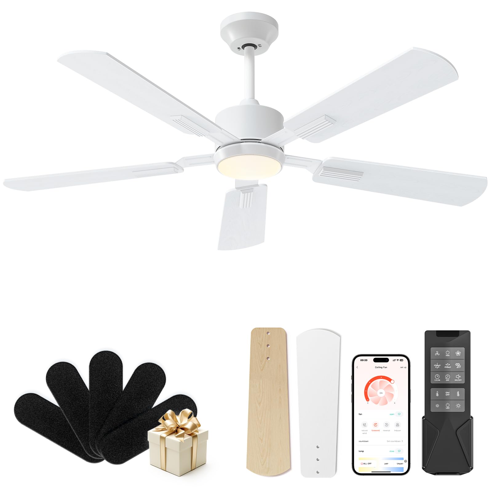 CubiCubi Ceiling Fans with Lights, 52 inch Ceiling Fan with Light and Remote/APP Control, 3CCT, Dimmable, Quiet, Reversible, Mod