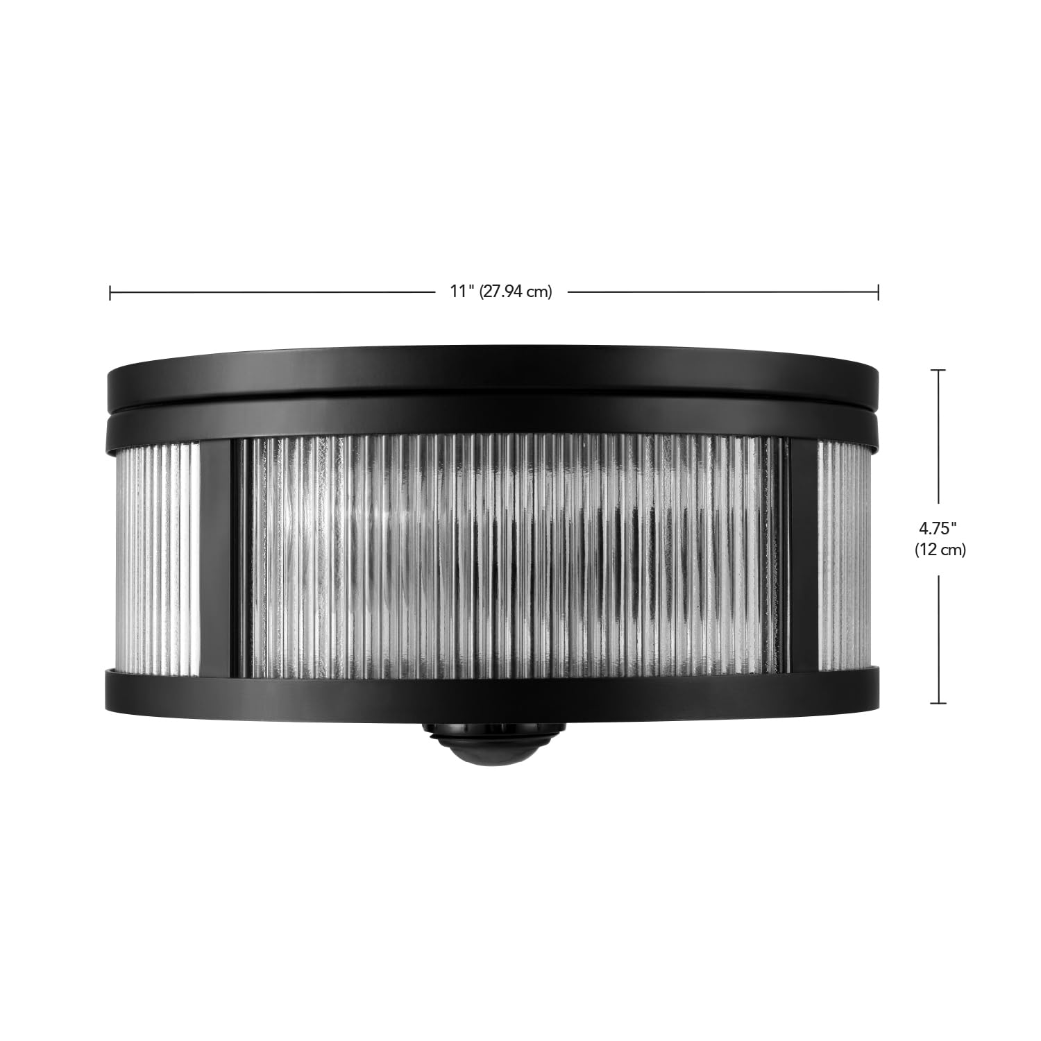 Globe Electric 60000123 2-Light Motion Activated Outdoor Flush Mount Ceiling Light, Matte Black, Ribbed Glass Shade, Frosted Len