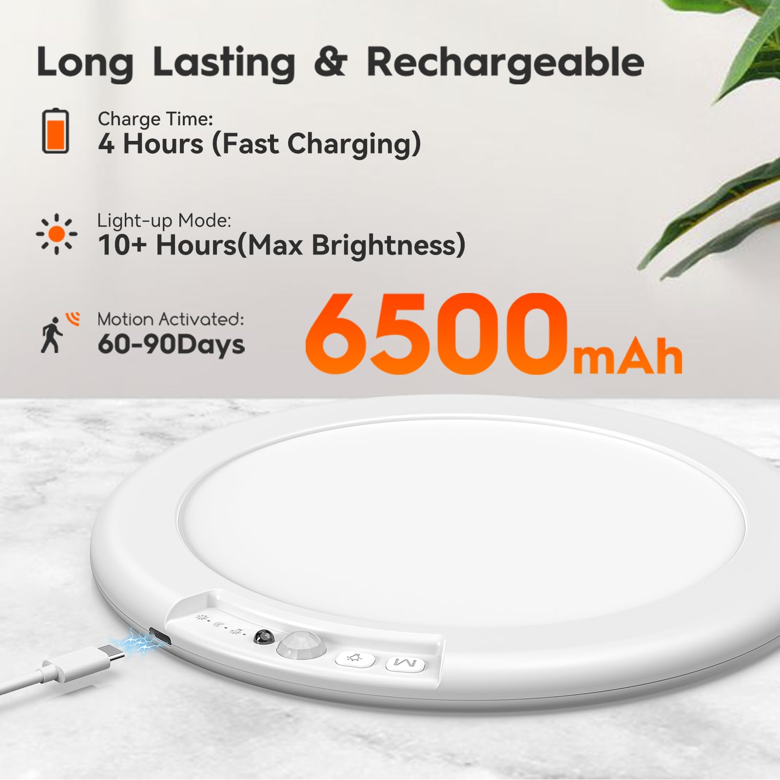 ORYAR Rechargeable Motion Sensor Ceiling Light, 500LM 3000K/4500K/6500K, 3 Pack, Ultra Thin, White, Model T070