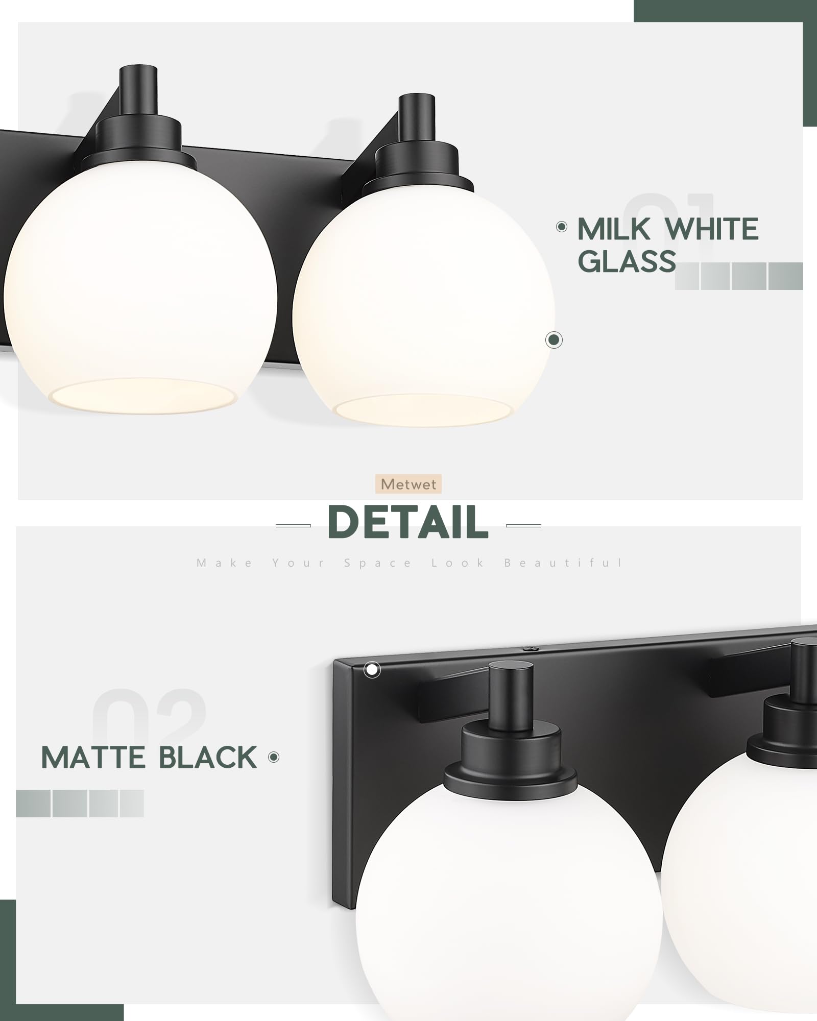 Metwet Bathroom Light Fixtures, 4 Light Matte Black Vanity Light, 26 Inch Modern Wall Sconces With Globe Milk White Glass Shade,