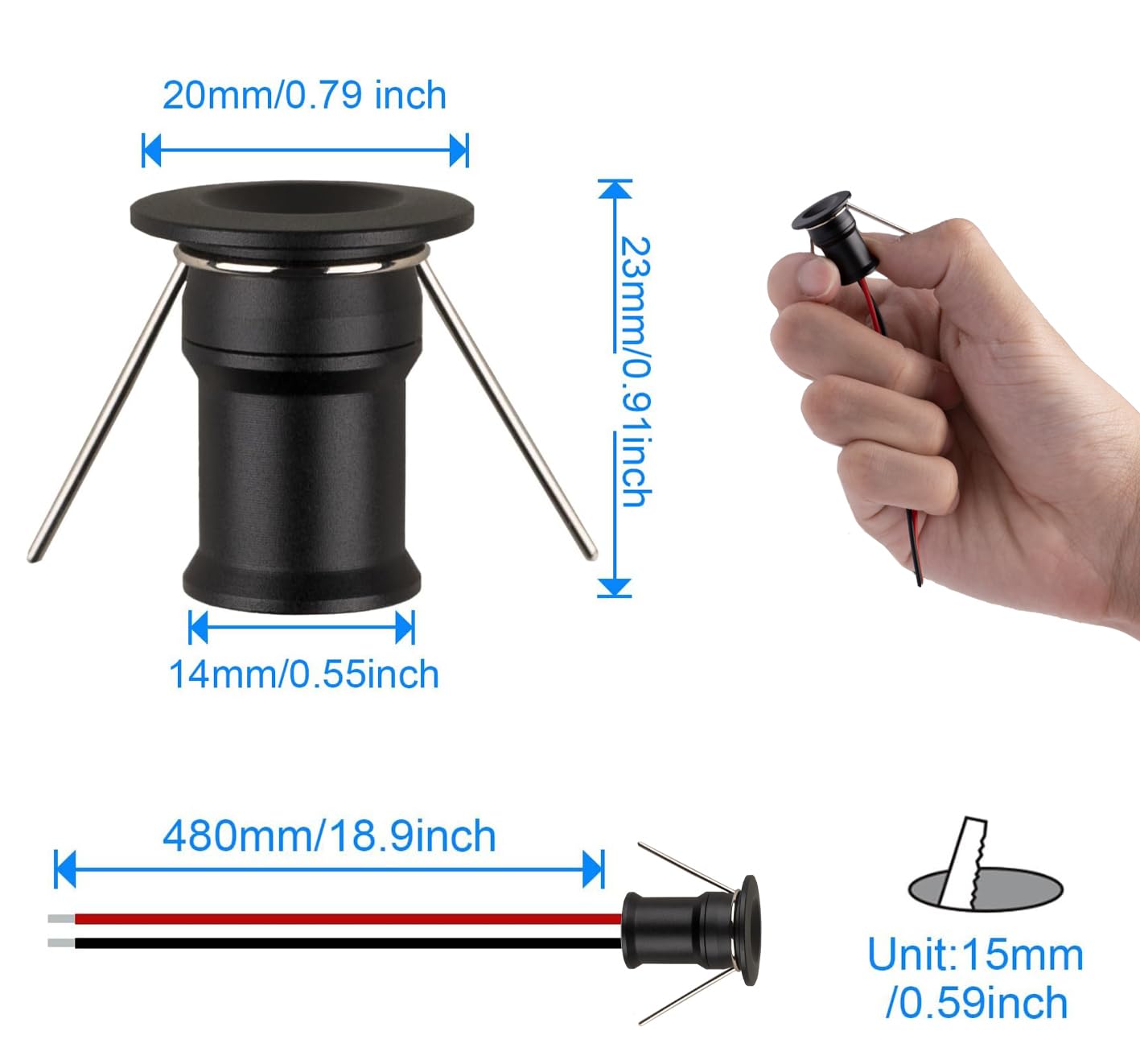 HHTUN 902 LED Mini Spotlight, 1W, 75lm, 3000K Black, Embedded Installation for Cabinets, 9-Pack