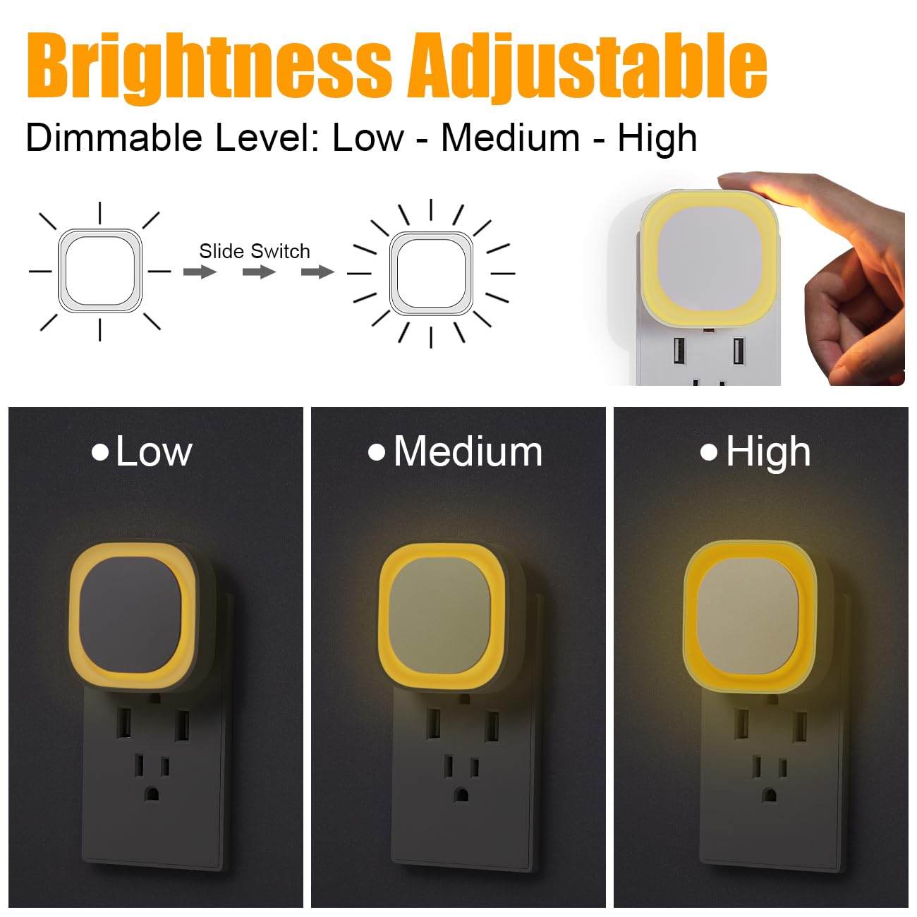 YUNLEX Dimmable Night Light 2 Pack, Auto Dusk to Dawn Sensor, Soft Glow, Golden Yellow, Model NLS21