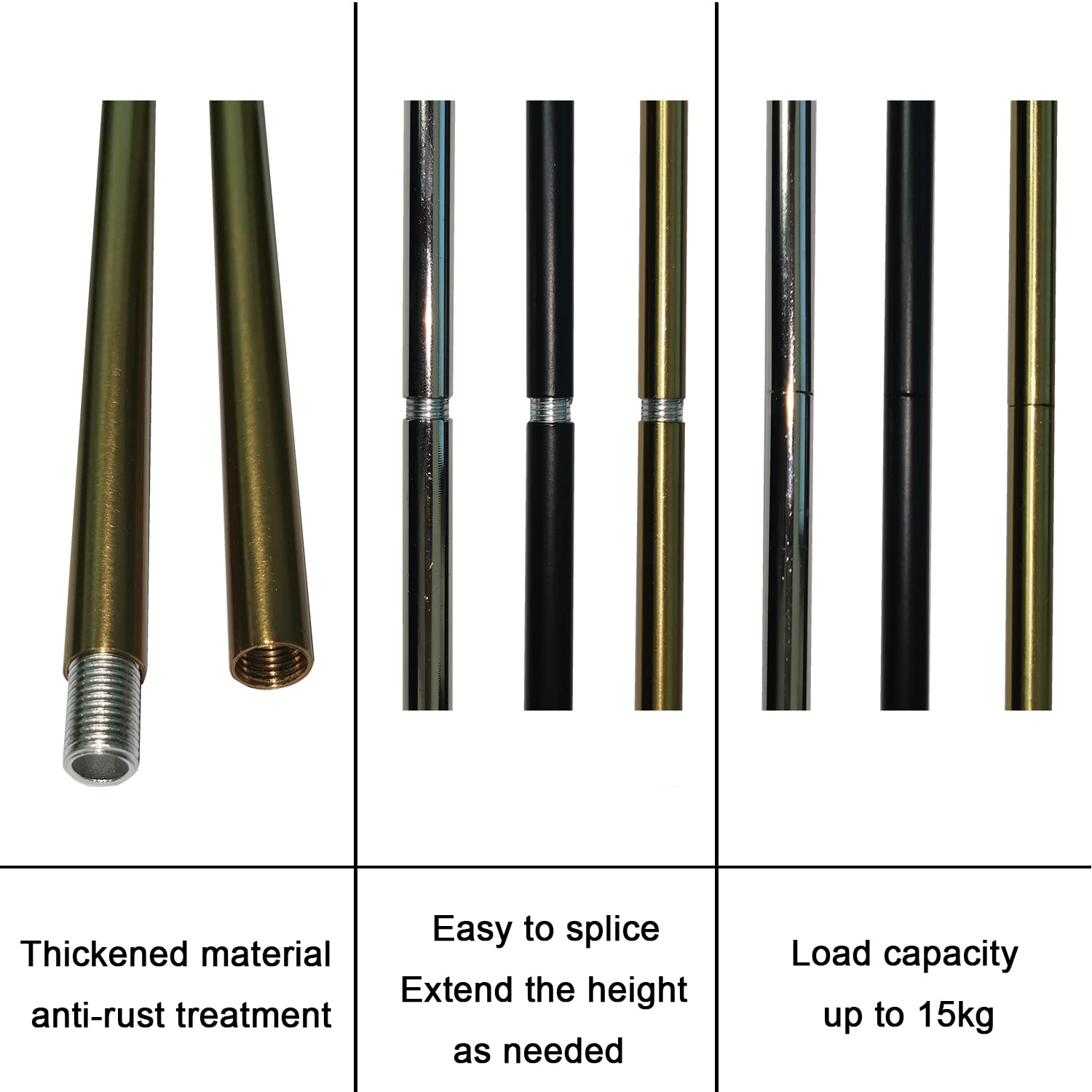 Haligate M12 Threaded Extension Rod for Pendant Light, 12" Brushed Brass, Model HALIGATE-YCG-M12-GOLD