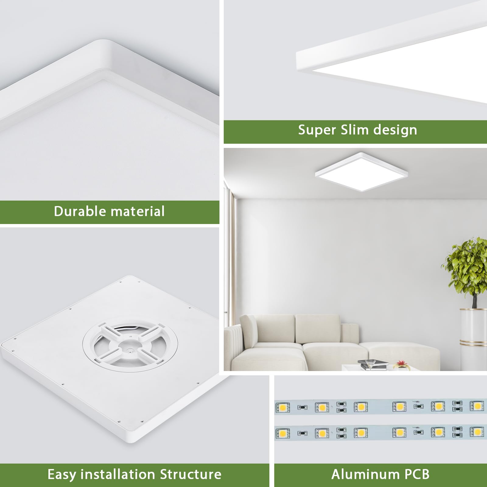 Rezant 12 Inch 24W Square LED Ceiling Light Fixture, 3000K/4000K/6000K Adjustable, White - 4 Pack, 2800LM, Plastic