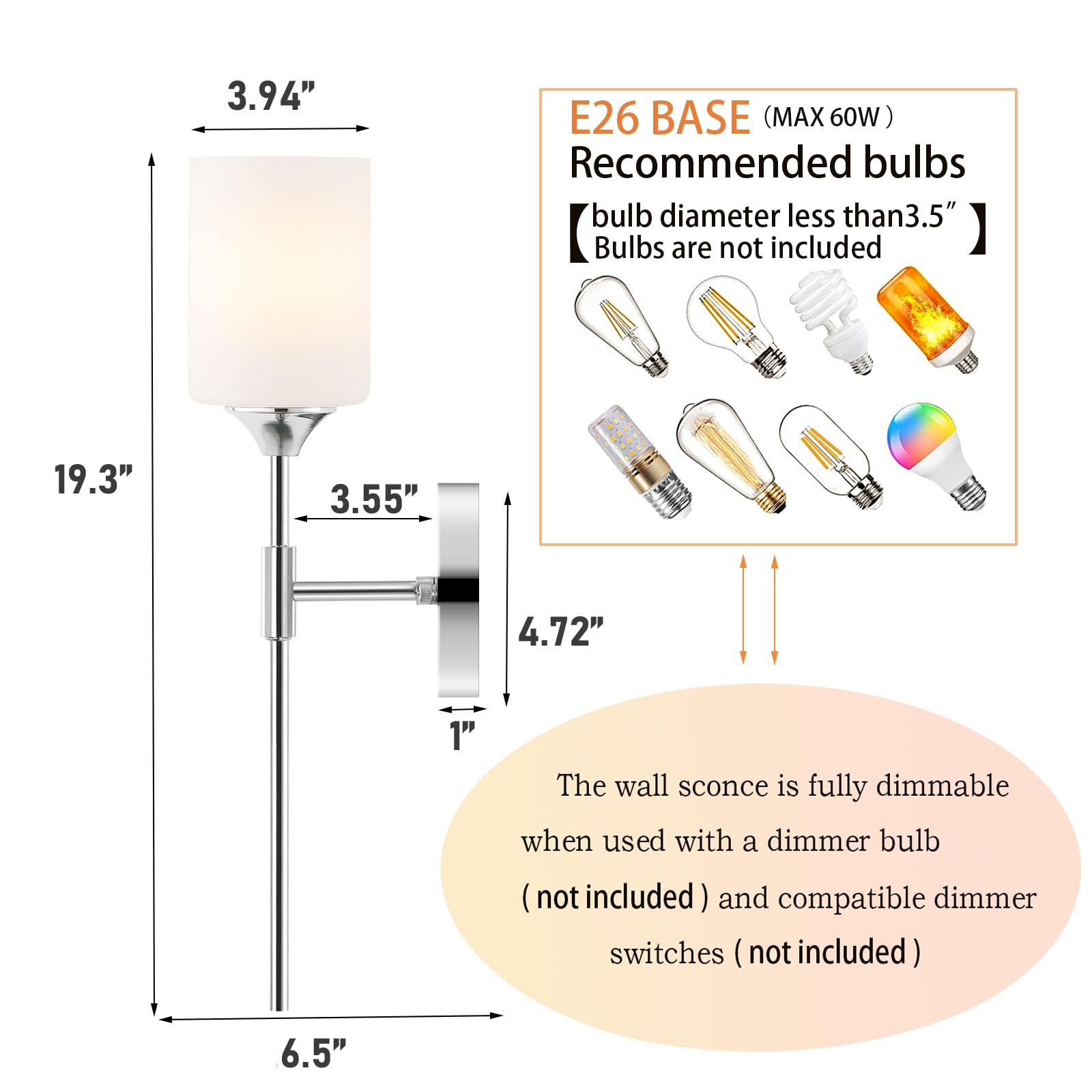 Byoliima Modern Wall Sconce Set Of 2 White Cylinder Glass Shades Mid Century Bathroom Vanity Wall Light Fixtures Industrial Wall