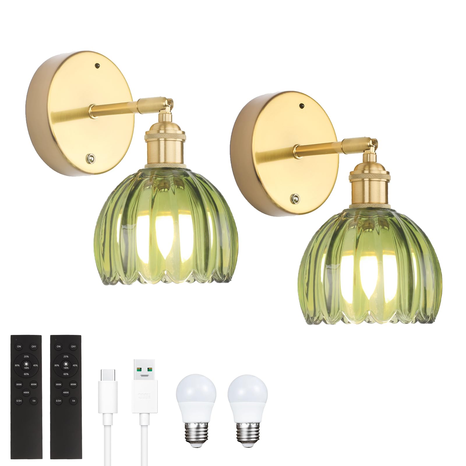 Shenmoyl Battery Operated Vintage Wall Sconces with Green Tulip Glass Lampshade Battery Powered Wall Lighting for Bedside Bedroom Doorway  Set of 2