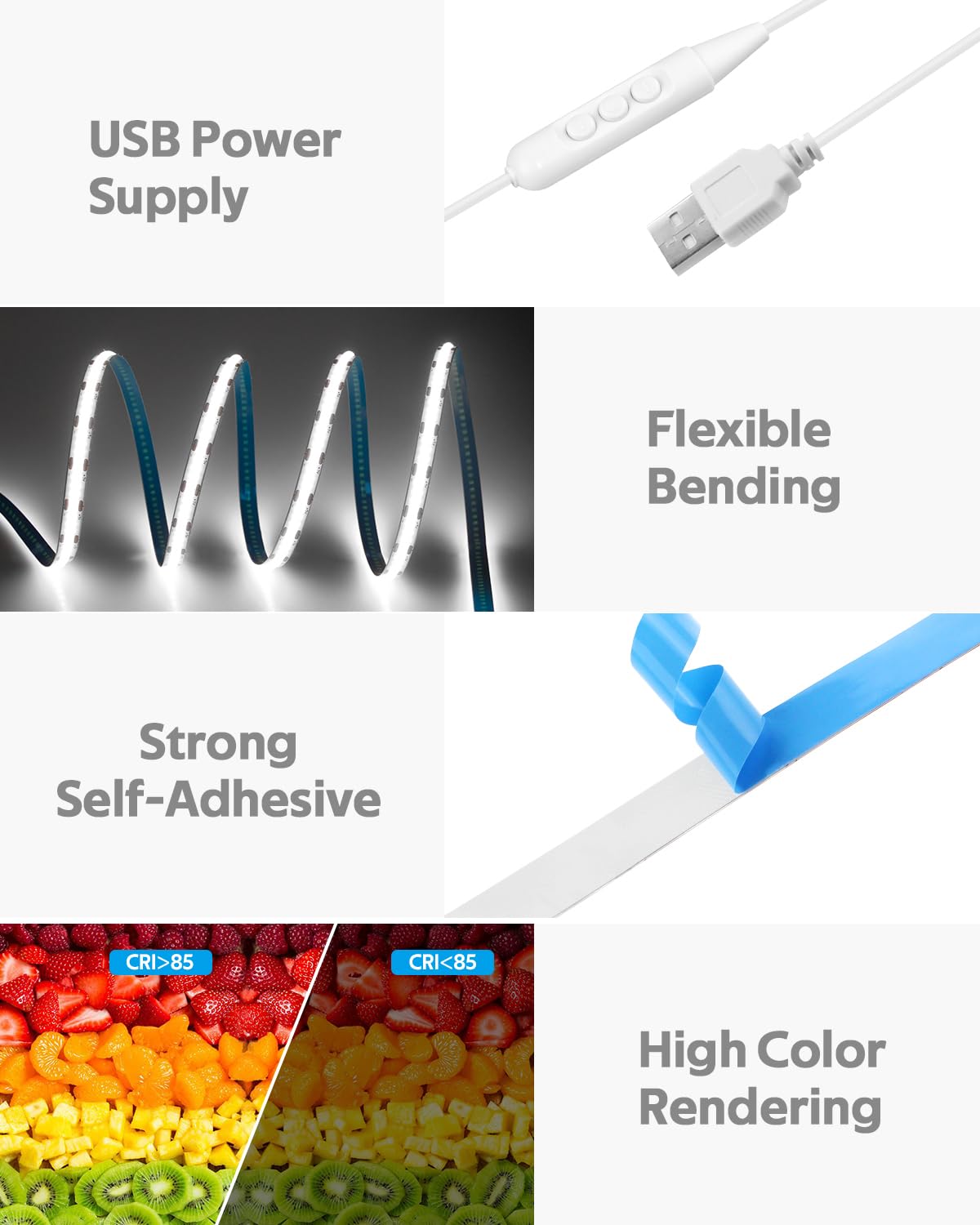 Samsion 5V Usb Cob Led Light Strip Dimmable High Density White Light For Tv 16.4Ft 6000K 320Leds/M Flexible Led Strip Lights Usb