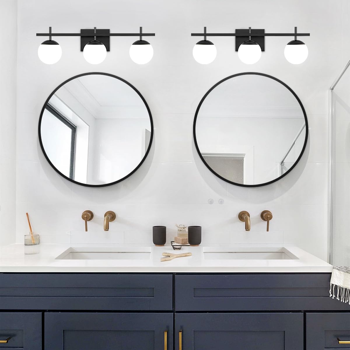 Zsmihdoh 3-Light Black Bathroom Vanity Light, Mid Century Globe Fixtures With Milky Glass