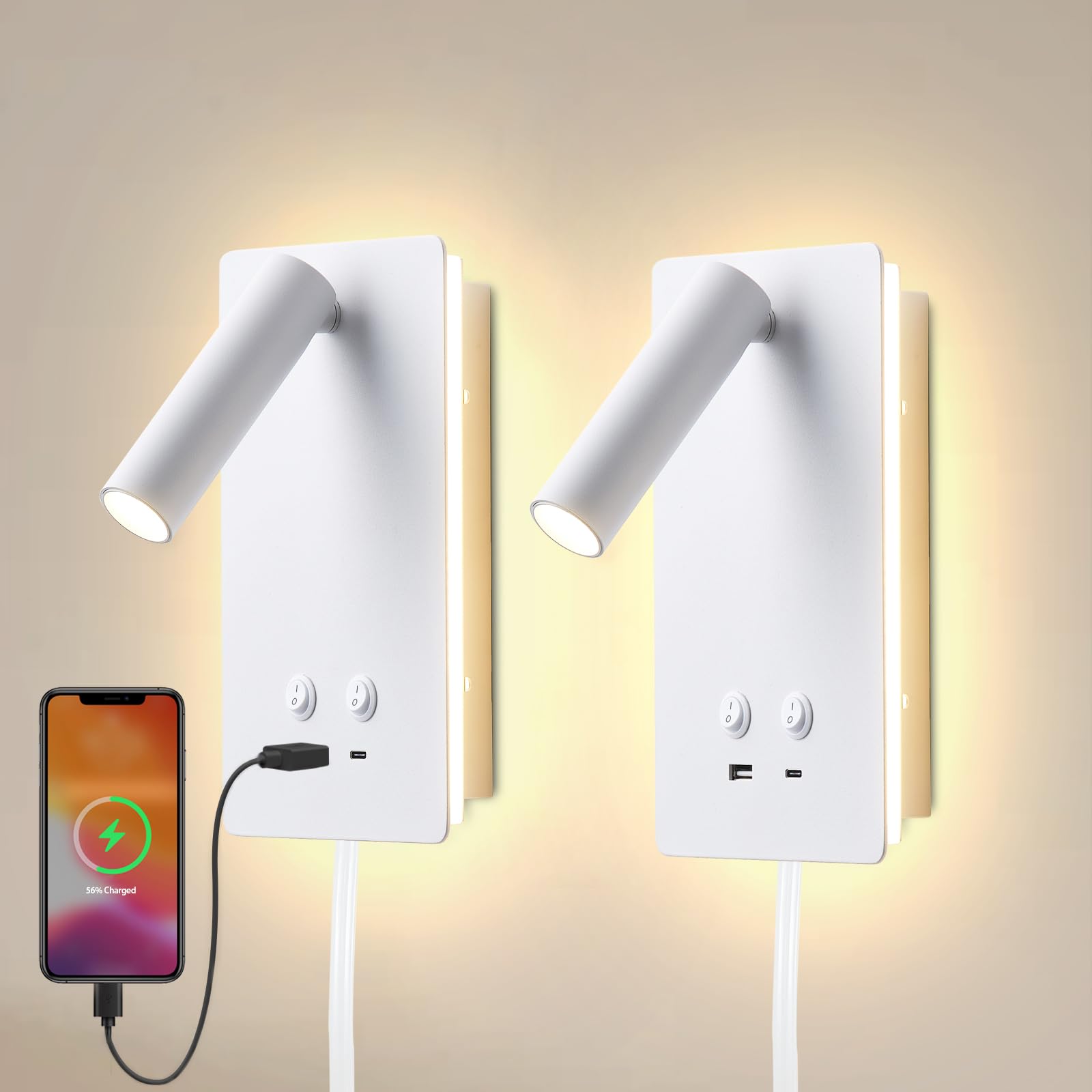 Moluola Led Wall Lamp Wall Mounted Reading Lights Set Of 2, Adjustable Headboard Plug In Wall Sconce With Usb C+A Ports, Headboard Bedside Lamp With 9W+3W Night Light 3000K (White)