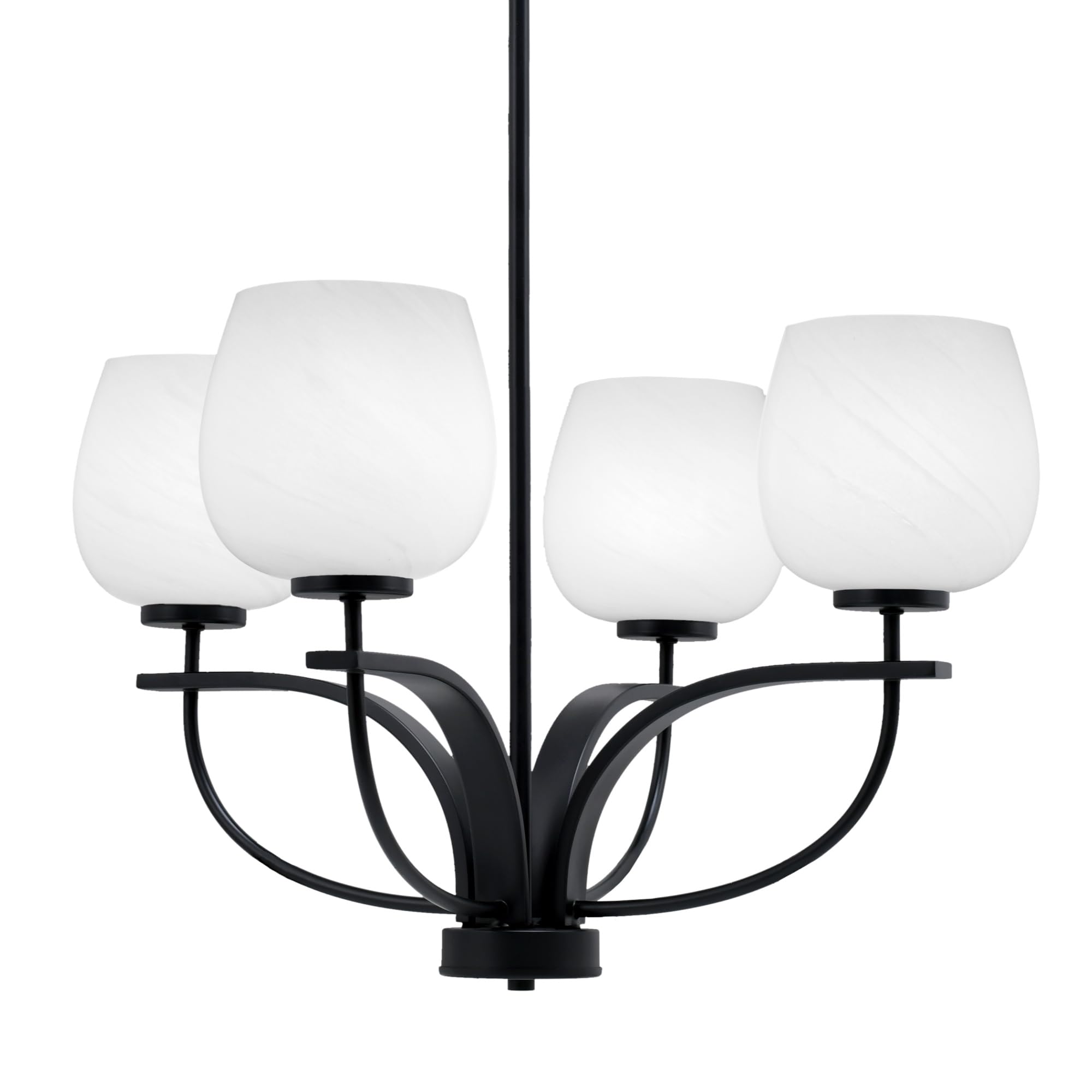 Toltec Lighting Cavella 4 Light Chandelier Shown in Matte Black Finish with 6" White Marble Glass