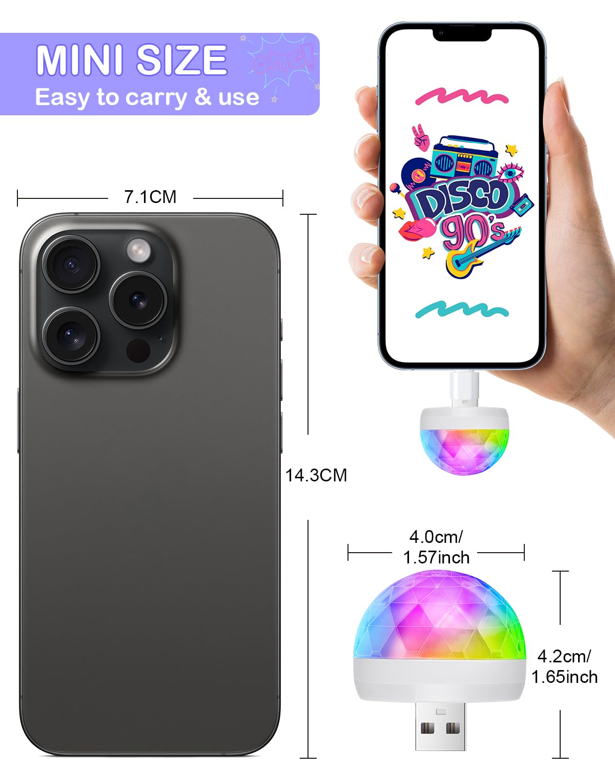 Luditek USB Mini Disco Ball Light, Sound Activated, 3 Packs, White, Plastic, Model GT159