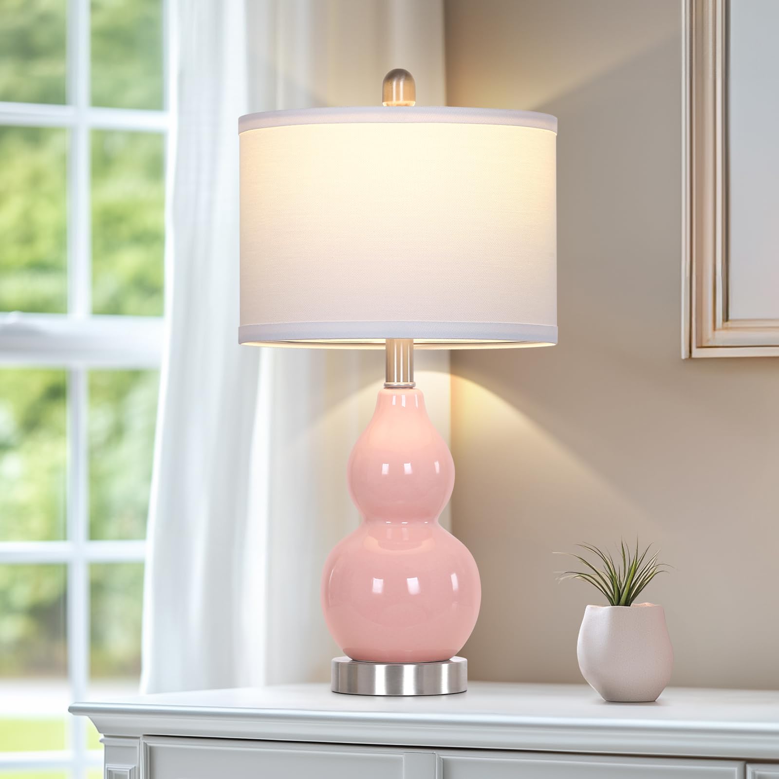 Rinweey Double Gourd Ceramic Table Lamps Set of 2, Modern Pink Nightstand Lamps for Bedroom, Bulb Included, Large Size