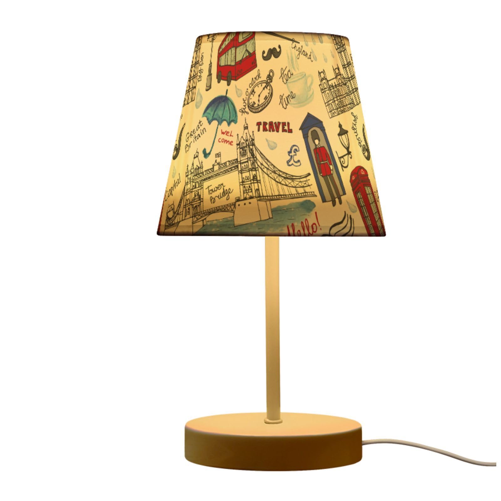 Peystean London Landmark Symbols Lettering Pattern 3 Colors Dimmable LED Table Lamp with USB Port,10.8 Linen Shade Bedside Night
