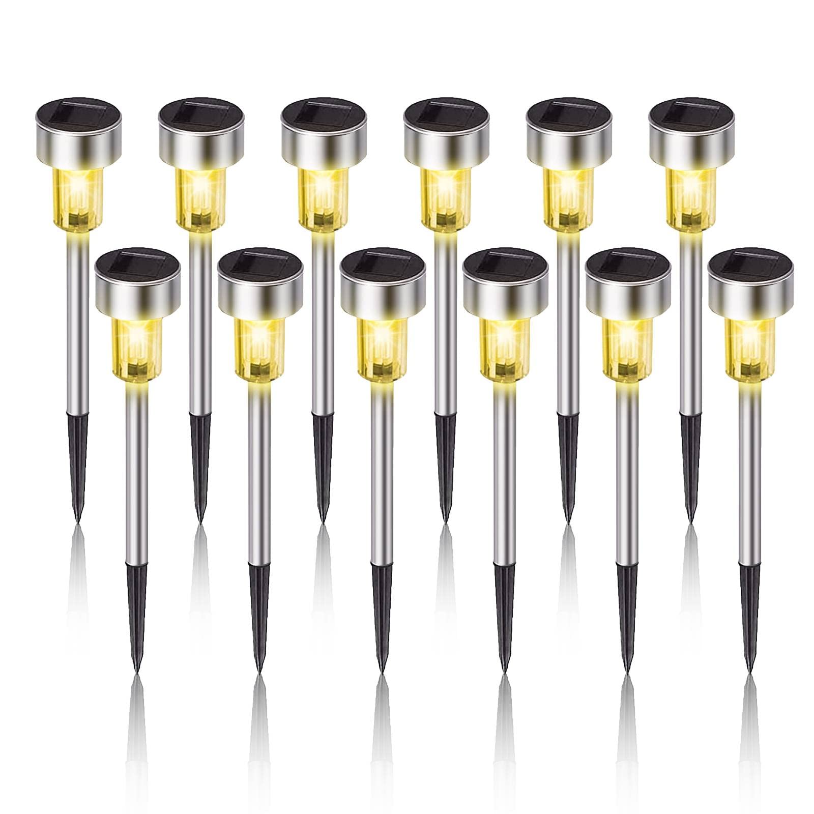 Dream Master Solar Lights - 12 Pack LED Landscape Lighting, Stainless Steel, Waterproof, Warm White for Pathway, Patio, Yard