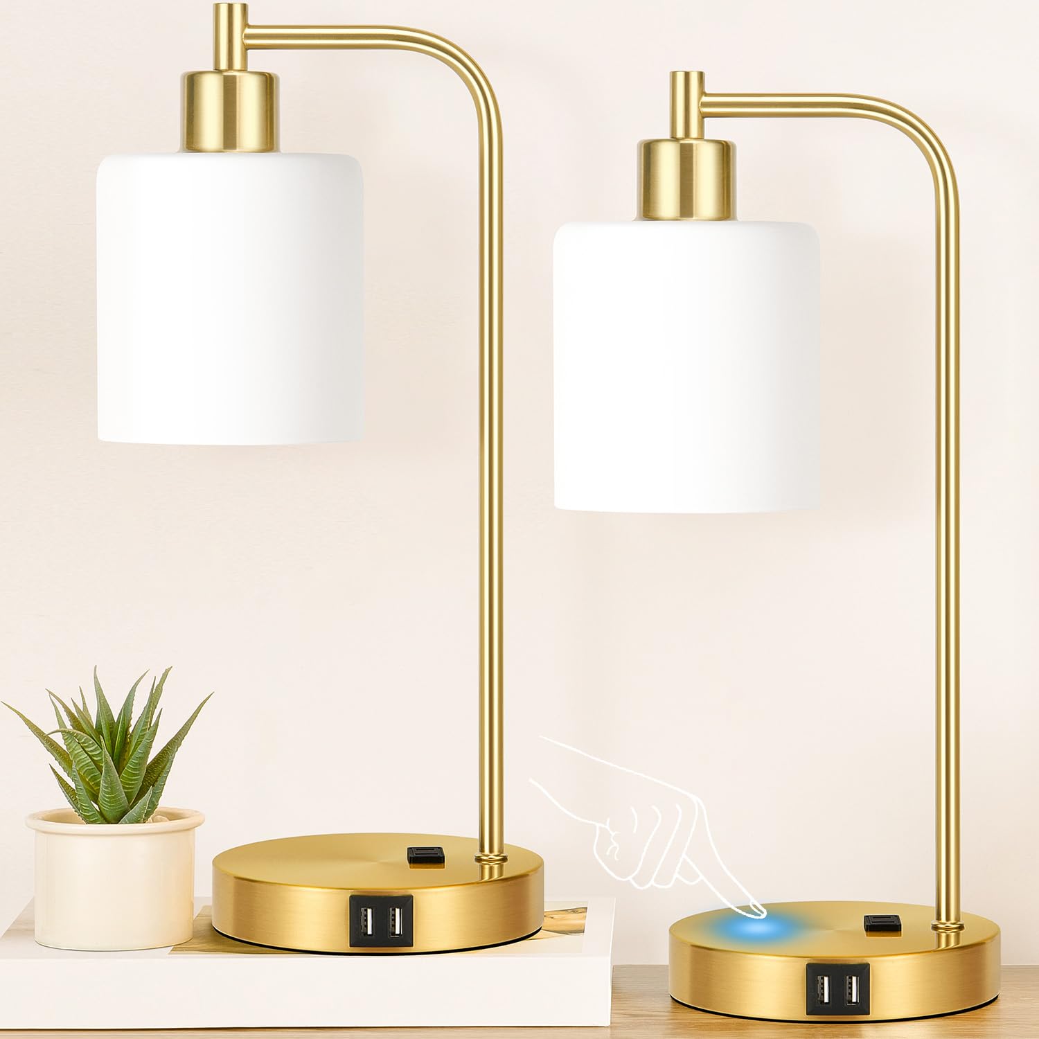 Set of 2 Industrial Touch Control Table Lamps with 2 USB Ports and AC Outlet - 3-Way Dimmable Gold Bedside Lamps Nightstand Desk