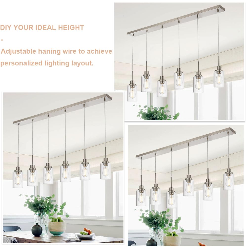 WINSHEN 6-Lights Pendant Lighting, Brushed Nickel Ceiling Fixture with Adjustable Wire & Clear Glass Shades, Model TTFOCG-SDSN