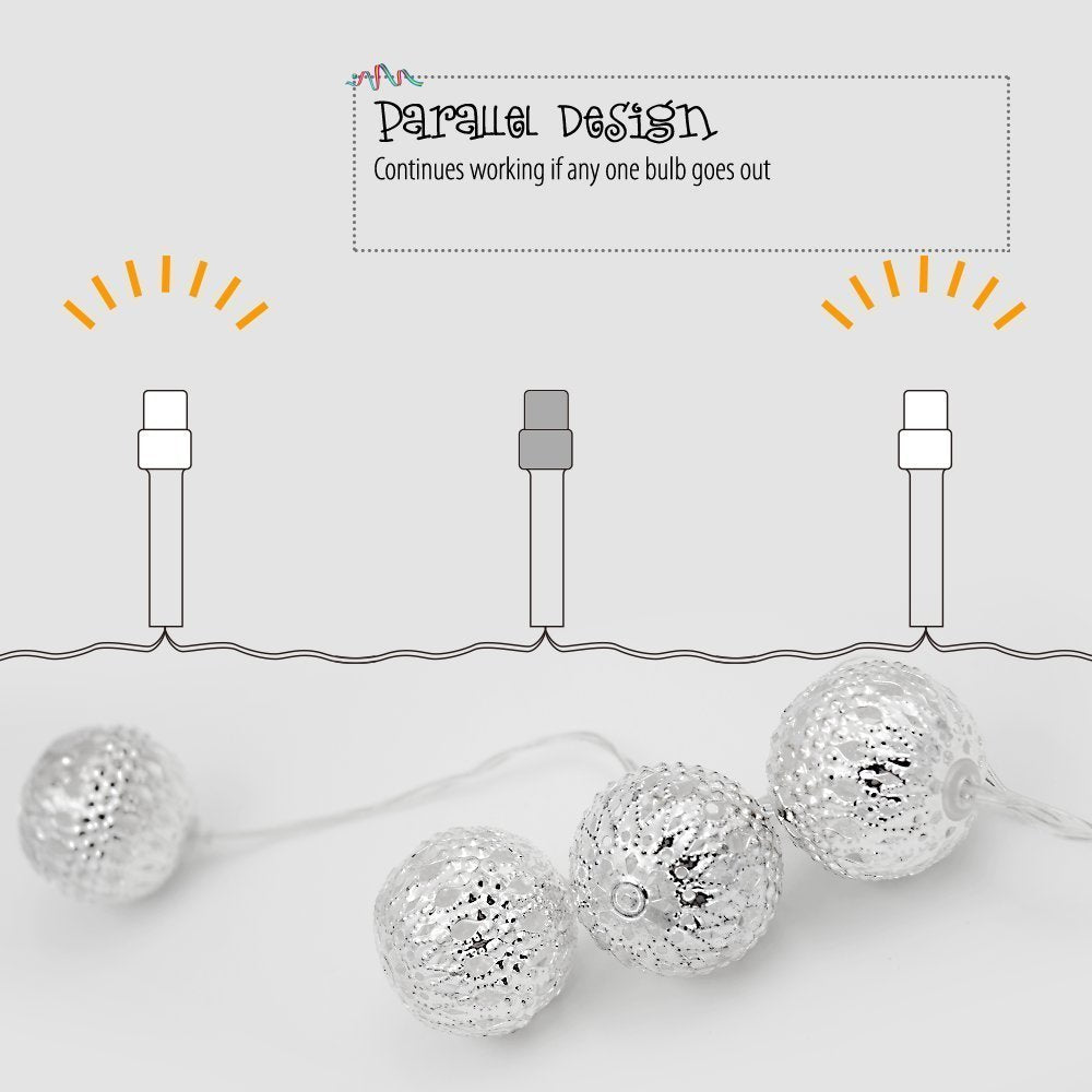 TORCHSTAR 10ft LED Christmas String Lights - Battery Operated, 20 Hollow Balls, White, 2 Work Modes, Holiday Decorative Lighting
