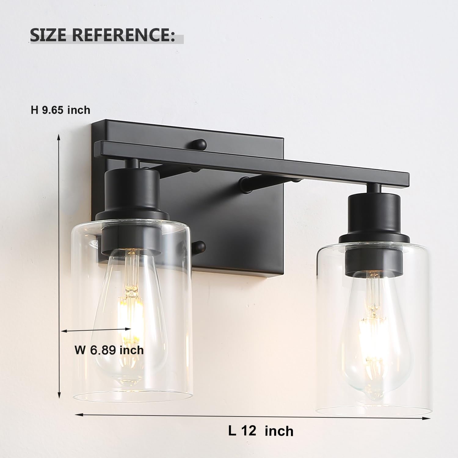 Emong 2-Lights Bathroom Light Fixtures, Matte Black Vanity Light With Glass Shade, Modern Wall Sconces Lighting For Bathroom,Mir