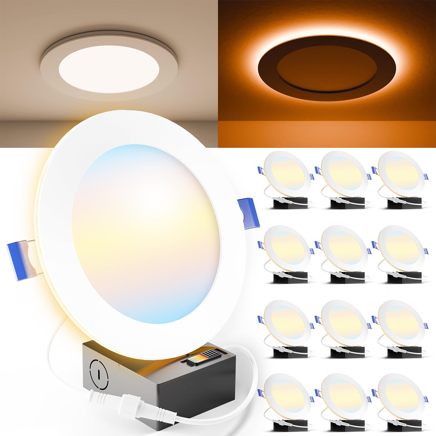Sunco 12 Pack 6 Inch Ultra Thin Led Recessed Ceiling Lights With Night Light, 1500 Lm, Selectable Cct 2700K/3000K/4000K/5000K/6000K, Dimmable, 15W, Canless With Junction Box