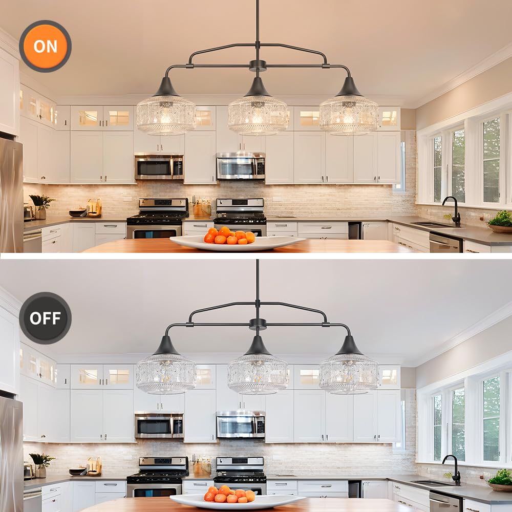 DSMJFU Black 3-Light Farmhouse Kitchen Island Pendant Light, Adjustable 37.4in Metal Fixture with Clear Glass for Dining Room, Model 250614