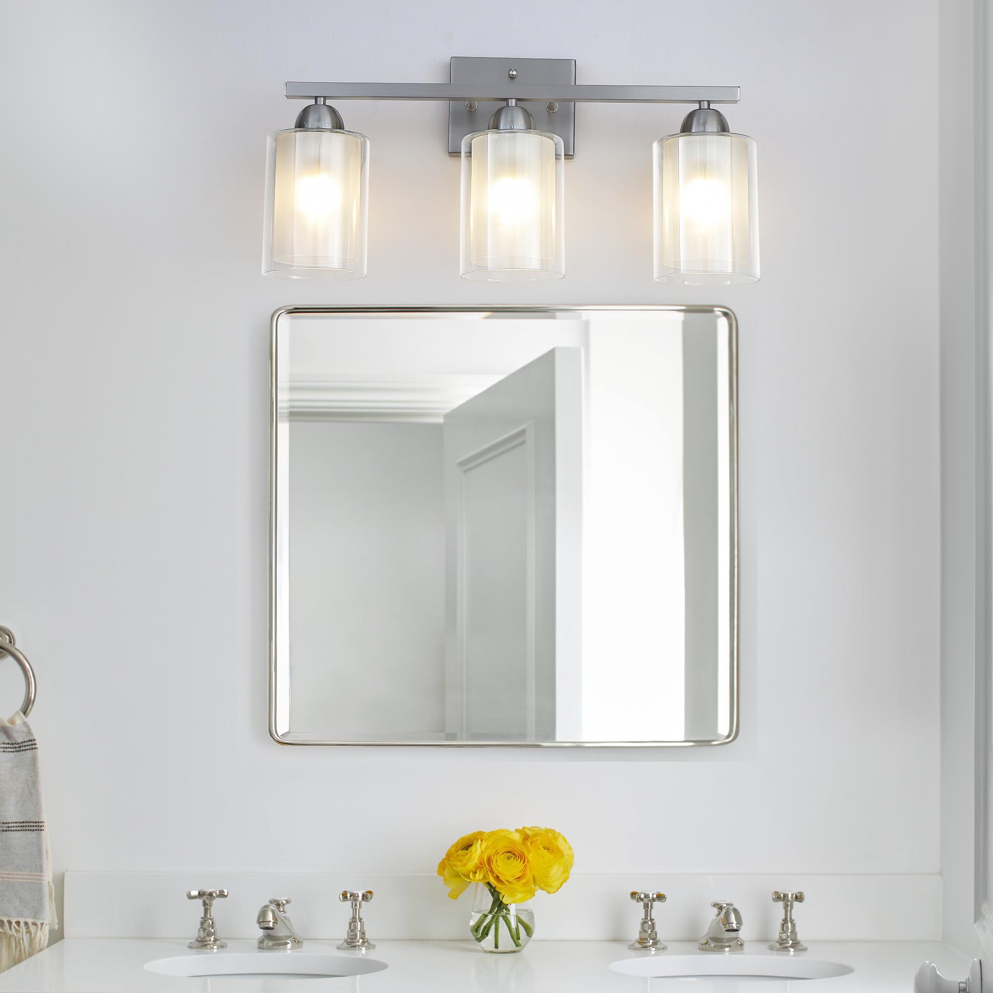 Mecgirn Stainless Steel Bathroom Vanity Light, 3 Light Brushed Nickel, Milk and Clear Glass Shades, Model B0007-3