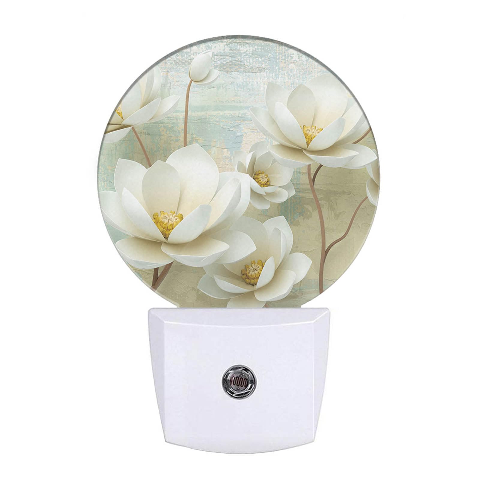 Uanvaha Mothers Day Flower Nightlight White Blooming Floral Art Print Night Lights Plug into Wall Dusk to Dawn Sensor Round Nigh