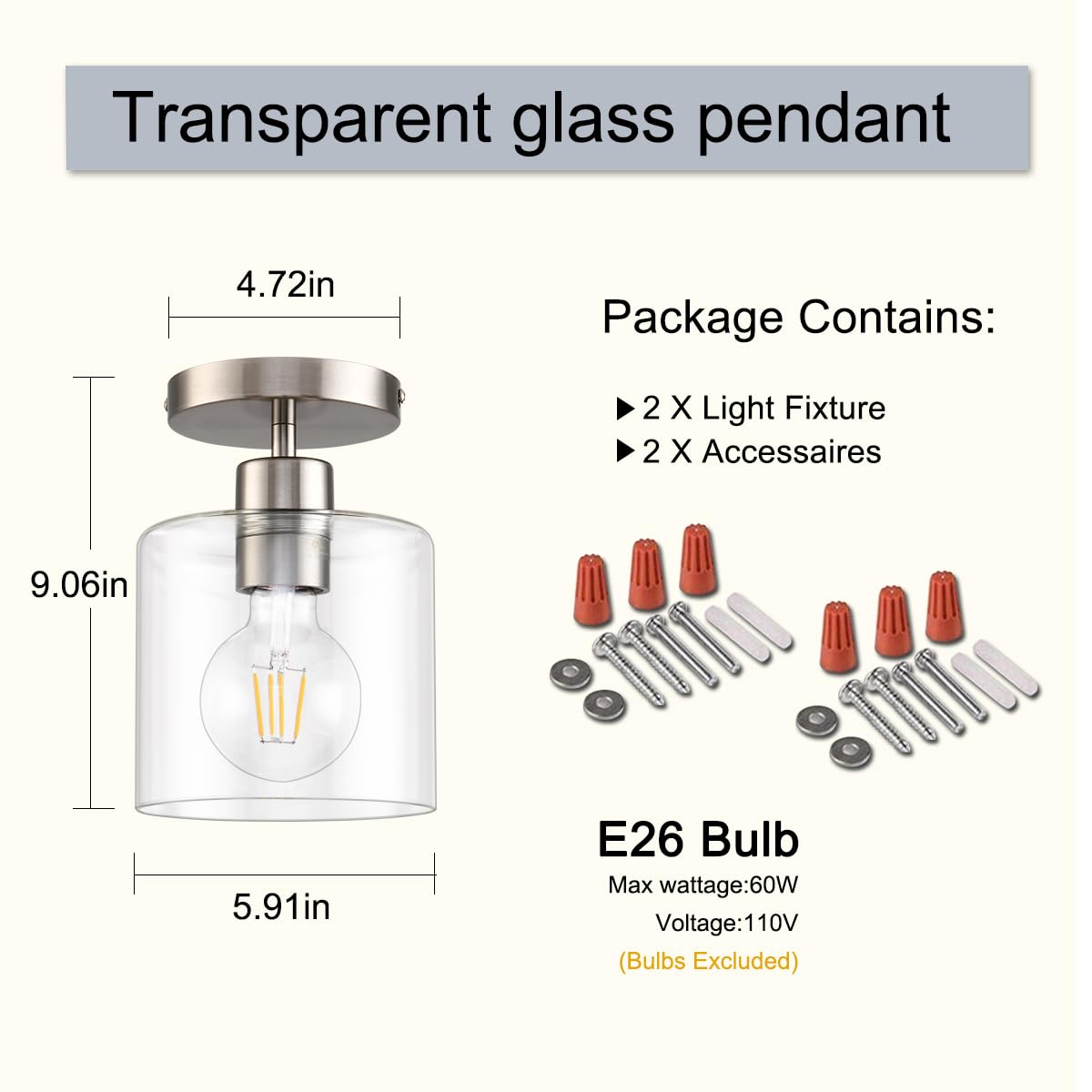 Klss Brushed Nickel Semi Flush Mount, Modern Ceiling Light Fixture For Closet, Hallway, Entryway 2 Pack