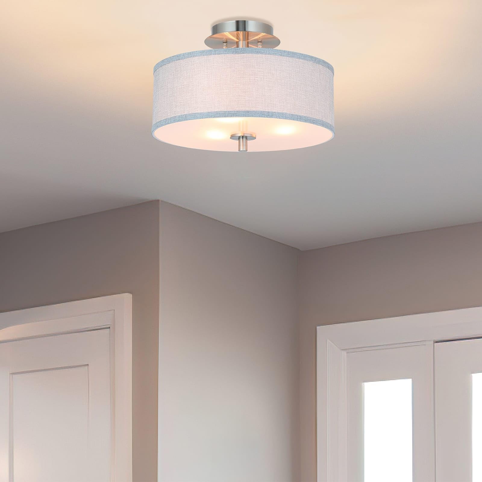 Xinbei Lighting Semi Flush Mount Ceiling Light, 3 Light Drum Light Fixture With Linen Fabric Shade Brushed Nickel For Living Roo