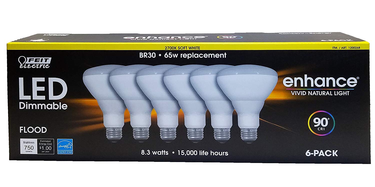 Feit Electric Dimmable LED BR30 Flood Light Bulbs, 65W Soft White, 6 Count, Plastic