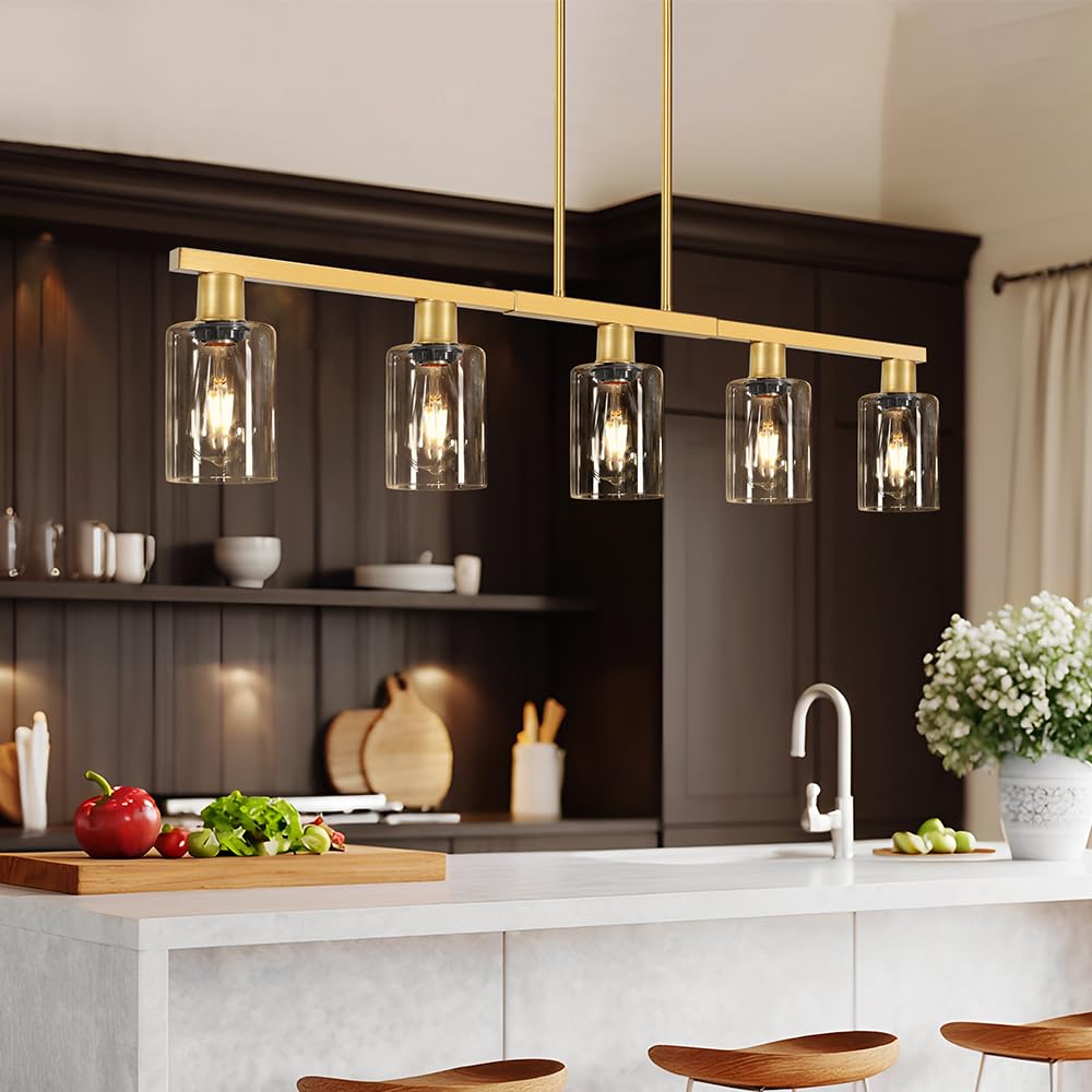 5-Light Kitchen Island Lighting Gold Adjustable Chandelier  Farmhouse Dining Room Light Fixtures Over Table  Height Adjustable Linear Pendant Light Fixture With Clear Glass Shade For Kitchen