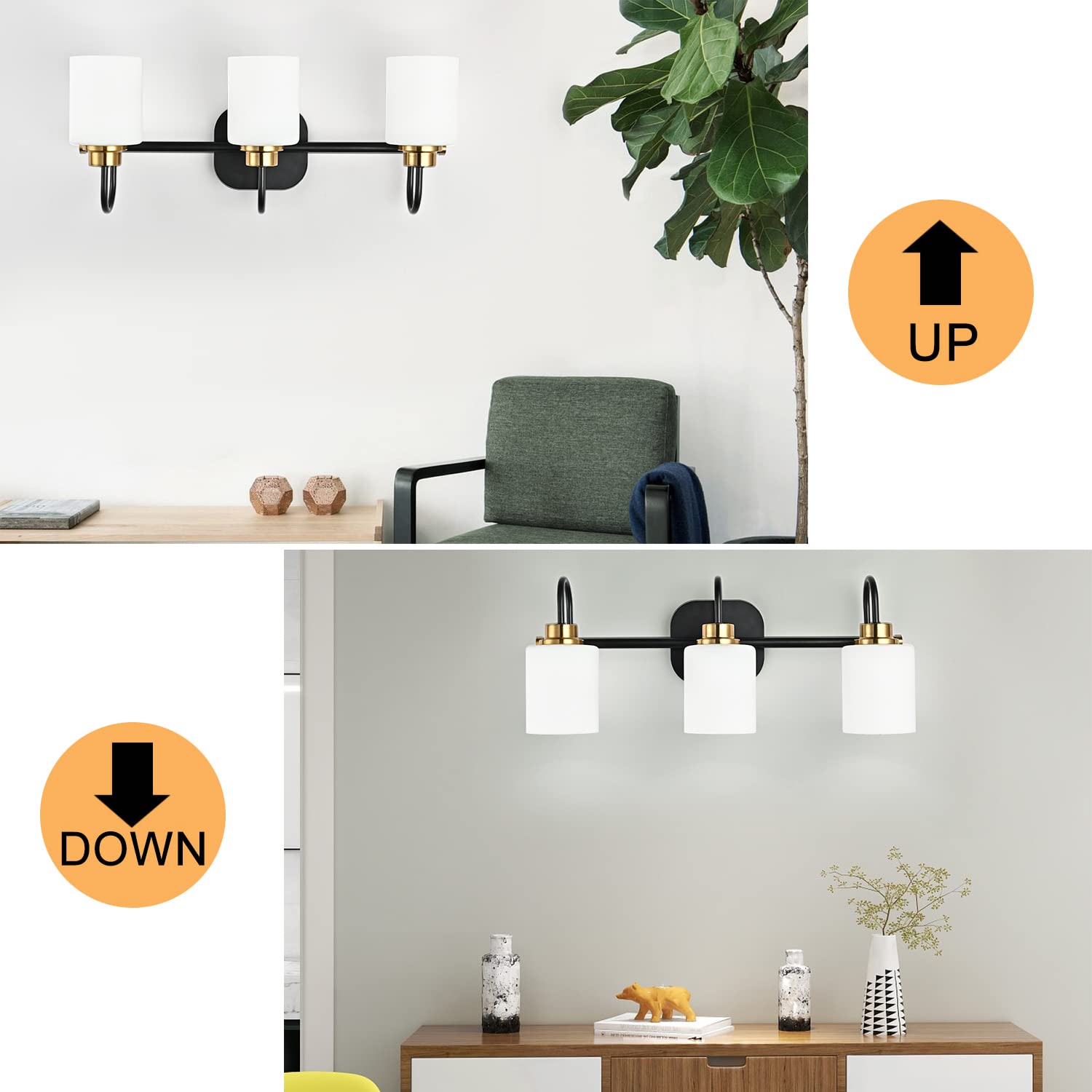Zhuoer Mid Century Modern Matte Black And Gold 3 Lights Milky Glass Wall Light Fixture For Bathroom Modern Bathroom Vanity Light