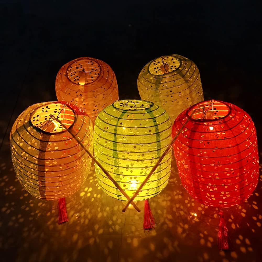 5PCS Paper Lanterns Colorful Spring Festival Lanterns 6inches with LED Lights Hanging Lantern with Tassels Walking Sticks for Asin New Year Valentines Day Wedding Dinner Birthday Party Decor