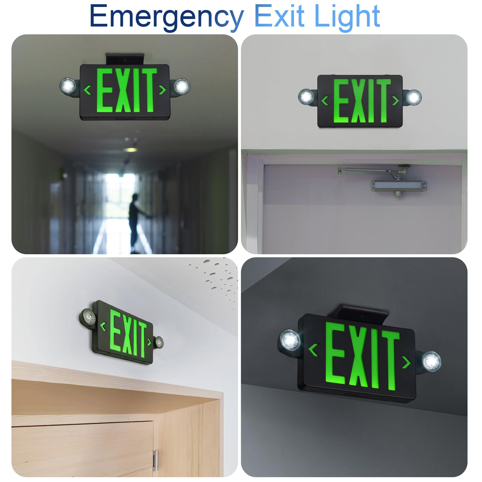 TANLUX Green Exit Sign with Emergency Lights, LED Emergency Exit Light with Battery Backup, Black Housing, UL Listed, AC 120/277