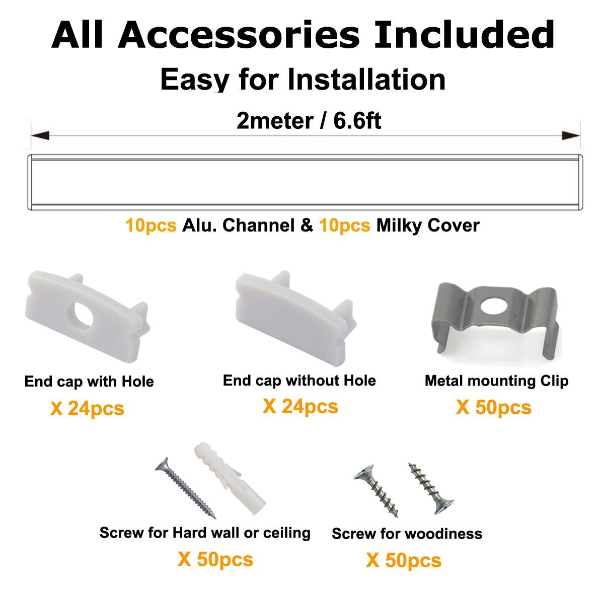 hunhun 10-Pack 6.6ft U Shape LED Aluminum Channel System, Milky Cover & Clips, Silver - Model CH01-M2-P10