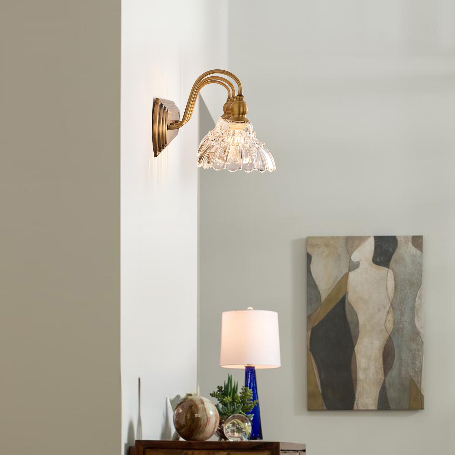 TLOLGT Vintage 3-Light Bathroom Vanity Lighting Fixture, Brass Glass Sconces, Retro Design, Model CP178-3T