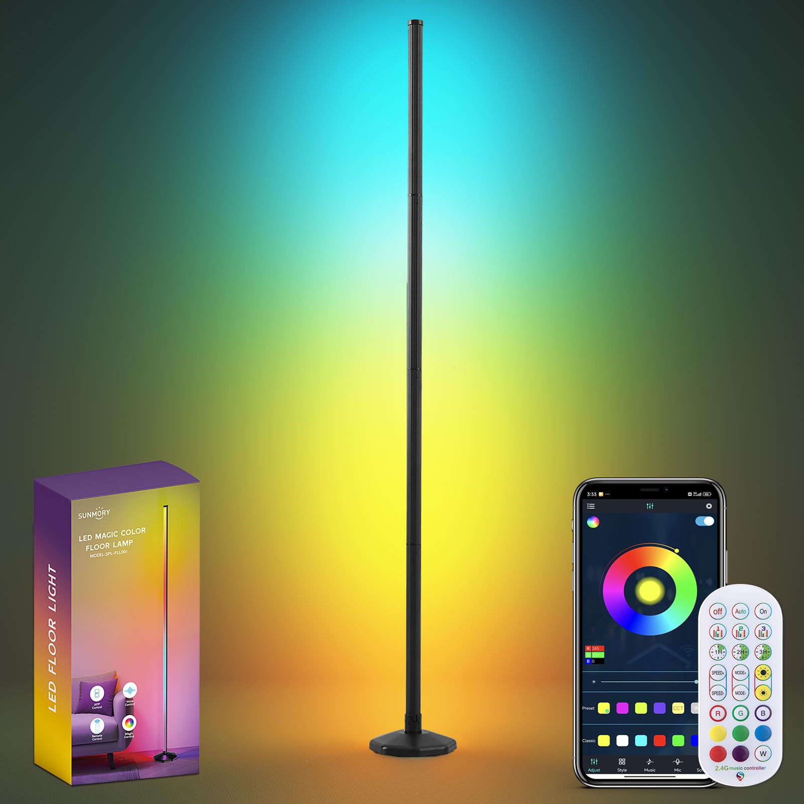 SUNMORY RGB LED Floor Lamp, 57in Smart Ambient Lighting, Black, SPL-FLL001, Music Sync, 80+ Scene Modes, Remote & App Control