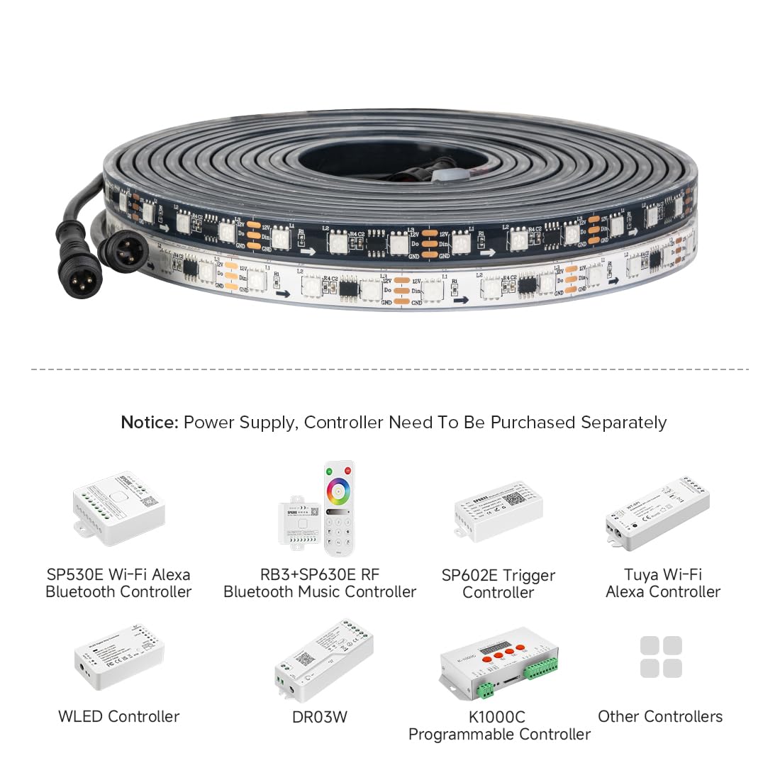 BTF-LIGHTING WS2811 RGB LED Strip, IP68 Waterproof, 60 LEDs/m, 16.4ft, White PCB, Flexible, DC12V, Model WS28115M