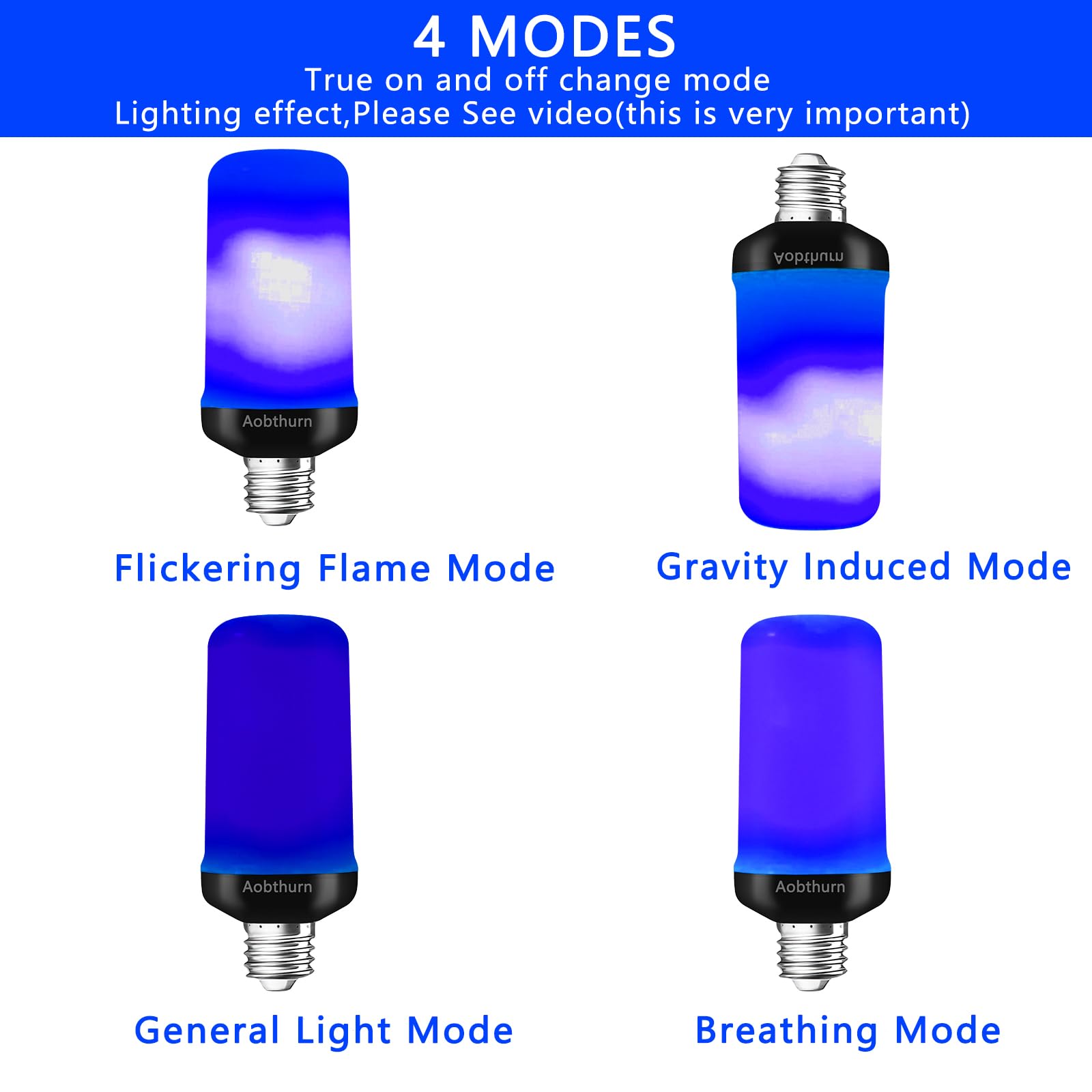 aobthurn LED Flame Effect Light Bulb, E26 Base, 4 Modes, Gravity Sensor, Blue-2 Pack, Model AF240301A