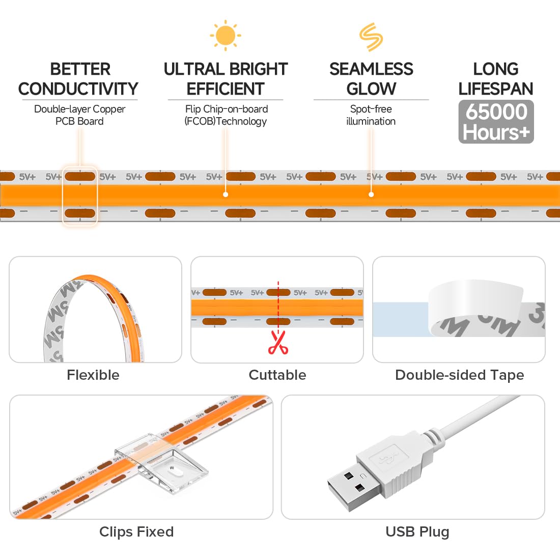 Btf-Lighting Fcob Usb Powered Orange Color Cob Led Strip Lights 6.56Ft 640Leds 5V 8Mm Width 90+ High Cri Ultra Bright Flexible Light For 3D Printer Tv Backlight Display Cabinet Pc Diy Decor