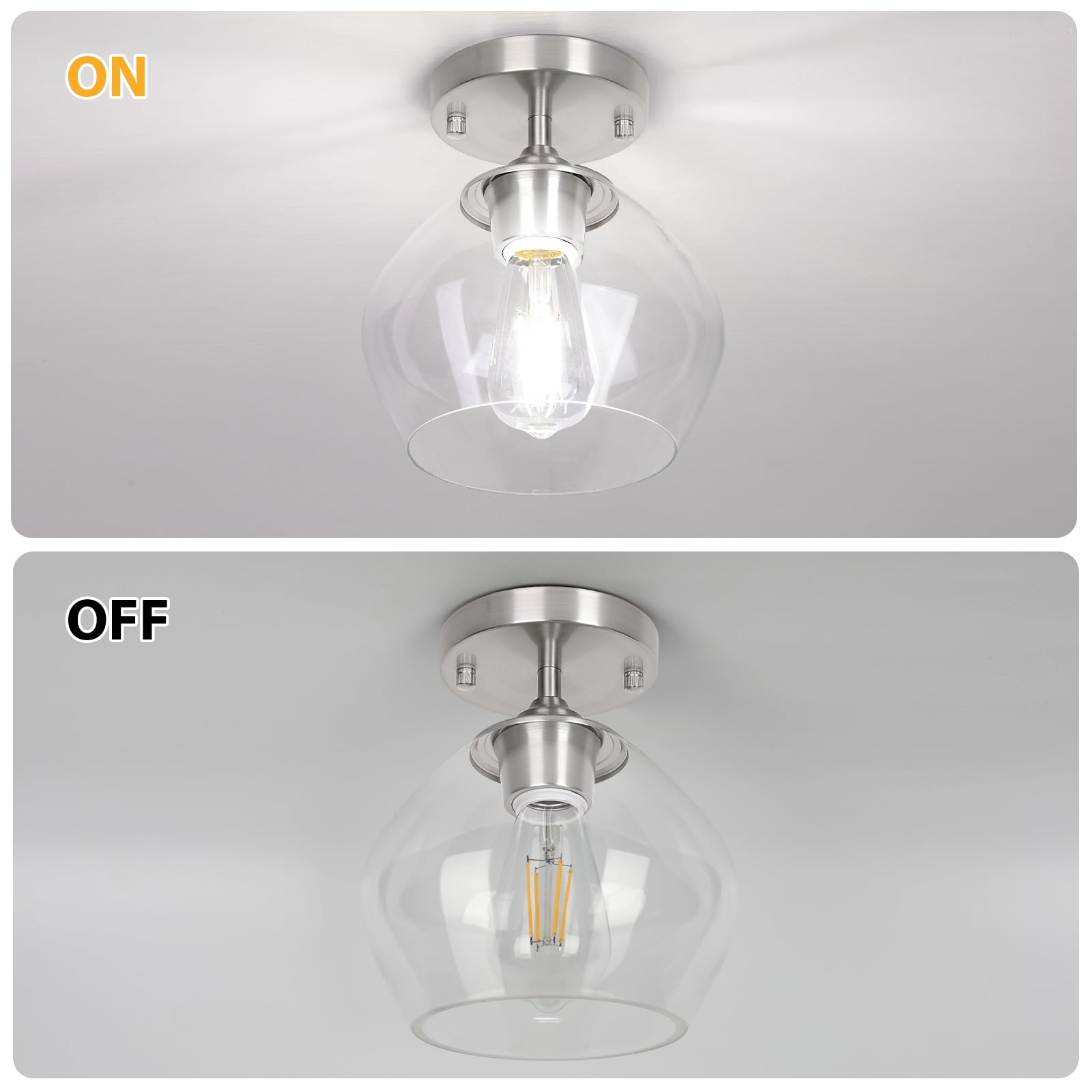 BesLowe Modern Semi Flush Mount Ceiling Light, Nickel, Glass Shade, Model C2508-01-SN, Ideal for Hallway, Bedroom, Dining Room