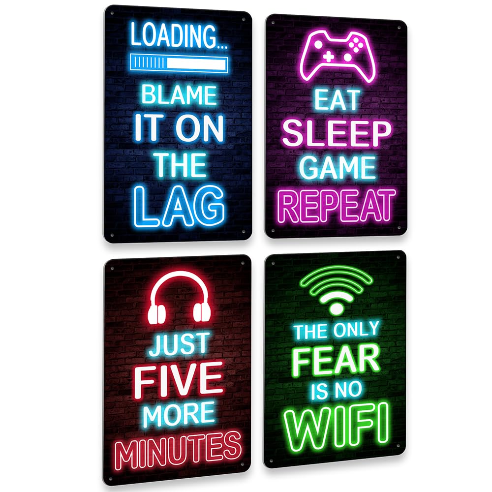 Drsoum Video Gamer Room Decor for Boys Gaming Wall Decor Neon Gaming Room Metal Sign 12 x 8 Inch Set of 4 - Gamer Wall Decor Tee