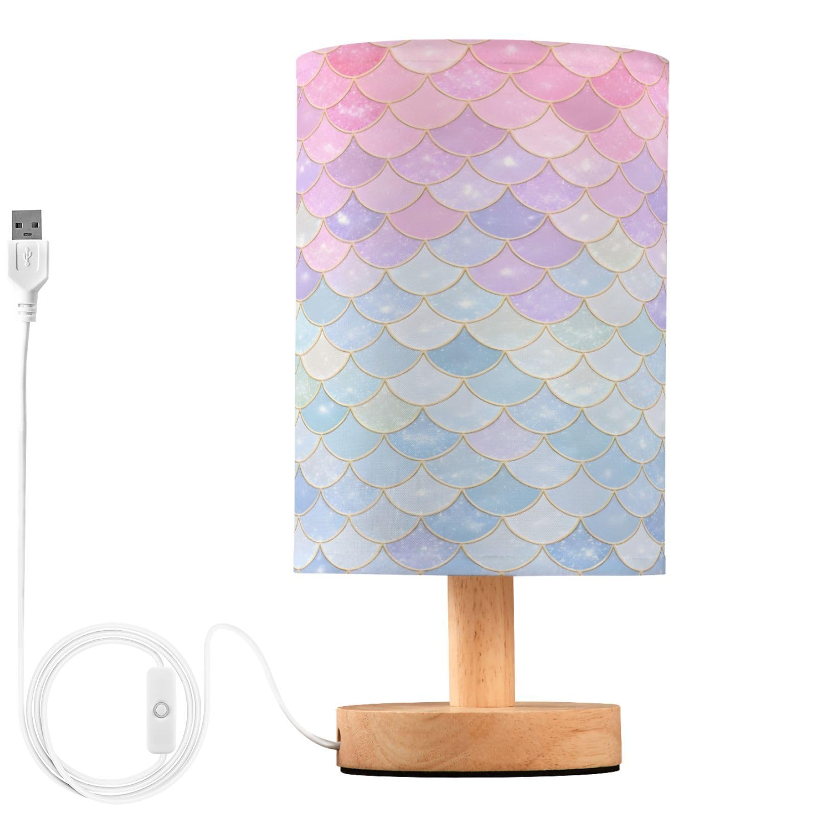 ALAZA Colorful Funn Mermaid Fish Scales Decor Bedside Table Lamp with USB Port for Bedroom Nightstand Office Desk LED Bulb Inclu