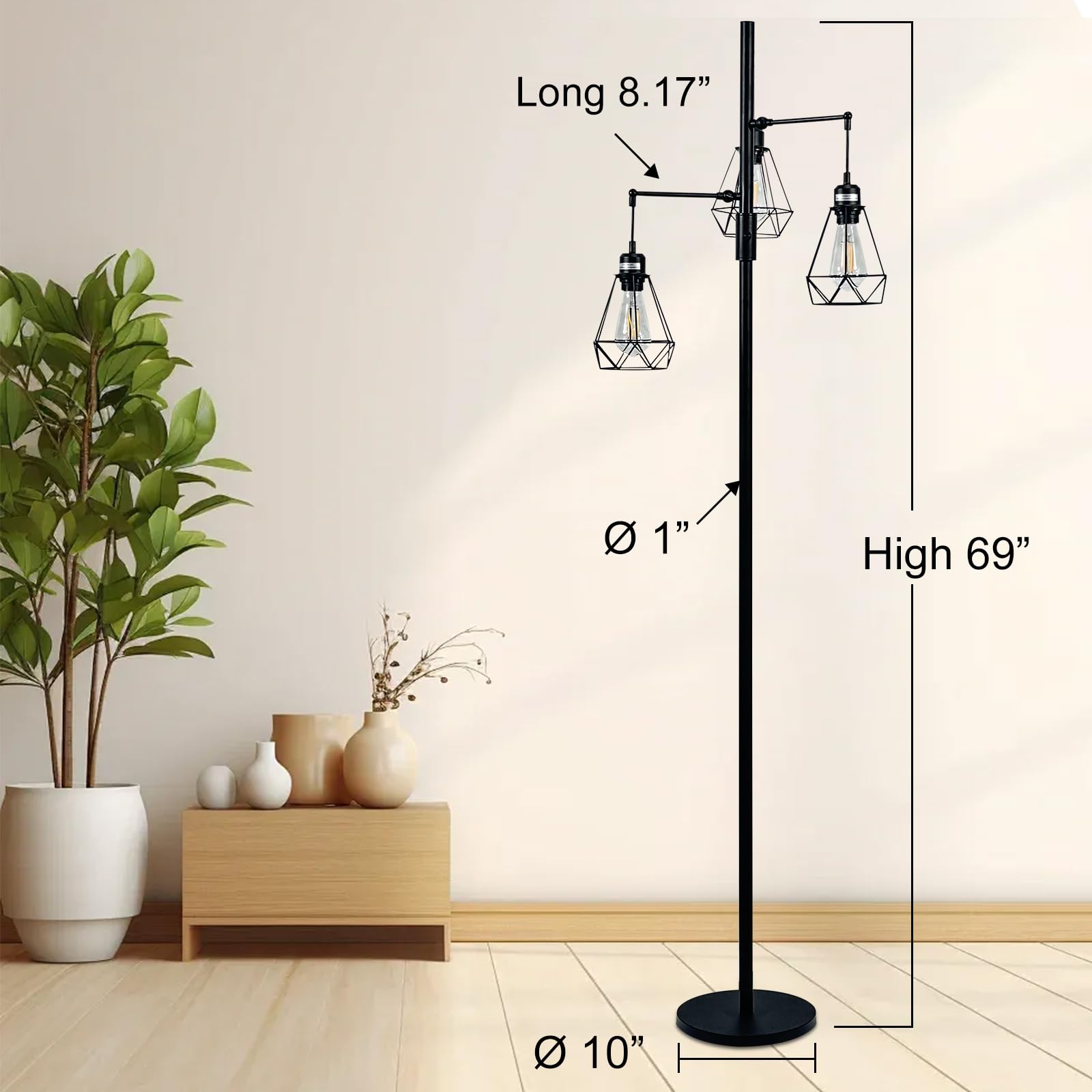 Juguo 69'' Dimmable Farmhouse Floor Lamp With 3X9W Edison Bulbs, Industrial Vintage Tree Design & Adjustable Diamond Cages, Black Rustic Lighting For Living Room/Office