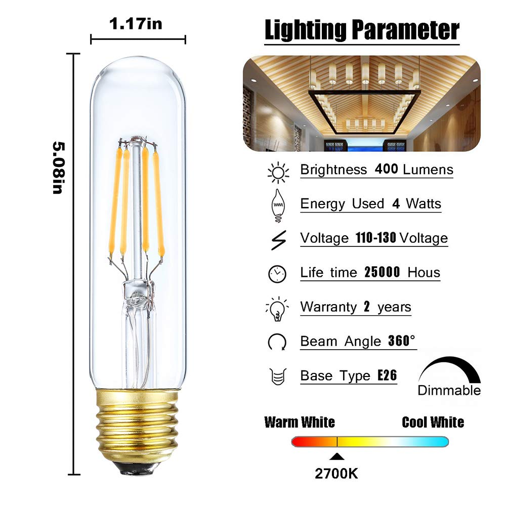 Leools Led Tube Bulb Glass 4W Dimmable Edison T10 Tubular Bulb,E26 Medium Base Filament Lamp 40 Watt Incandescent Bulb Equivalen