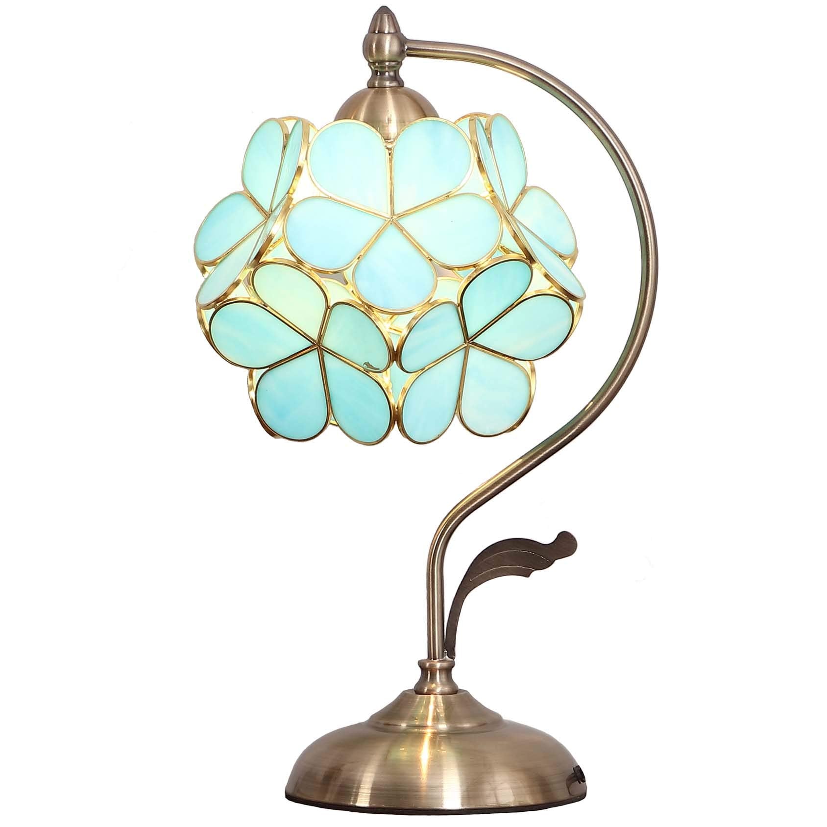 Bieye Tiffany Style Stained Glass Table Lamp - 8in Cherry Blossom, Sky Blue, Model PETALTABLE